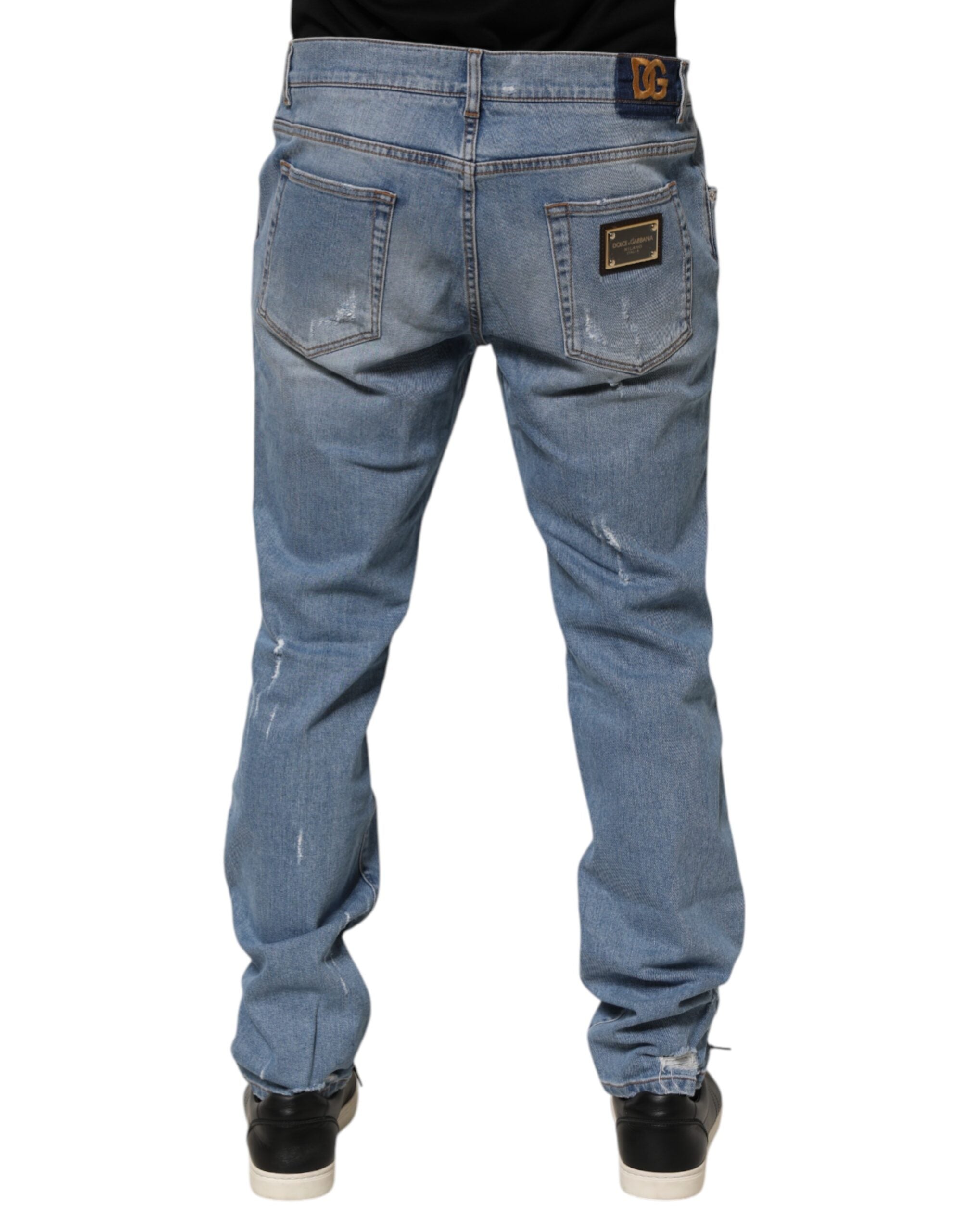 Dolce & Gabbana Blaue zerrissene Slim Fit Jeans aus Baumwolldenim