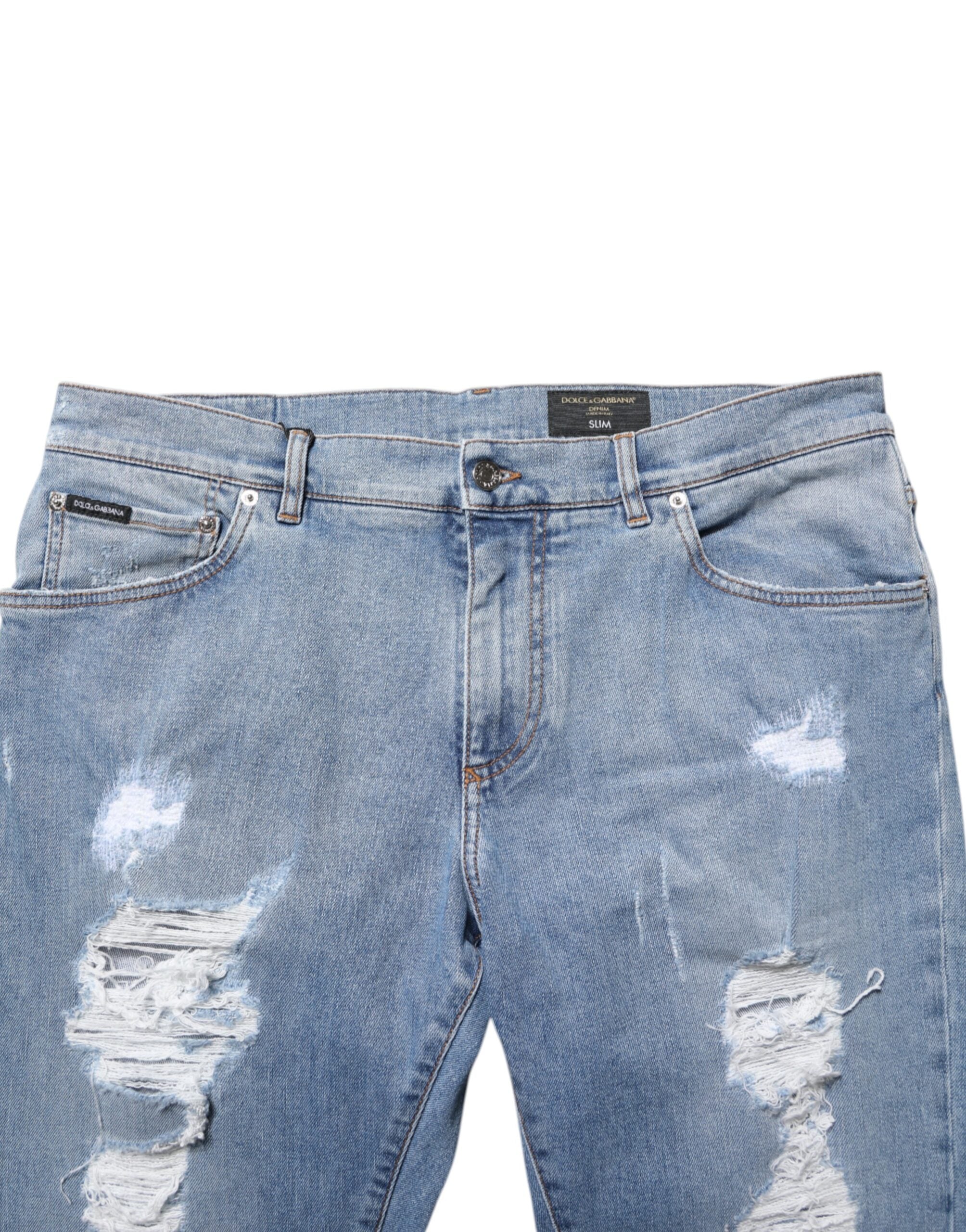 Dolce & Gabbana Blaue zerrissene Slim Fit Jeans aus Baumwolldenim