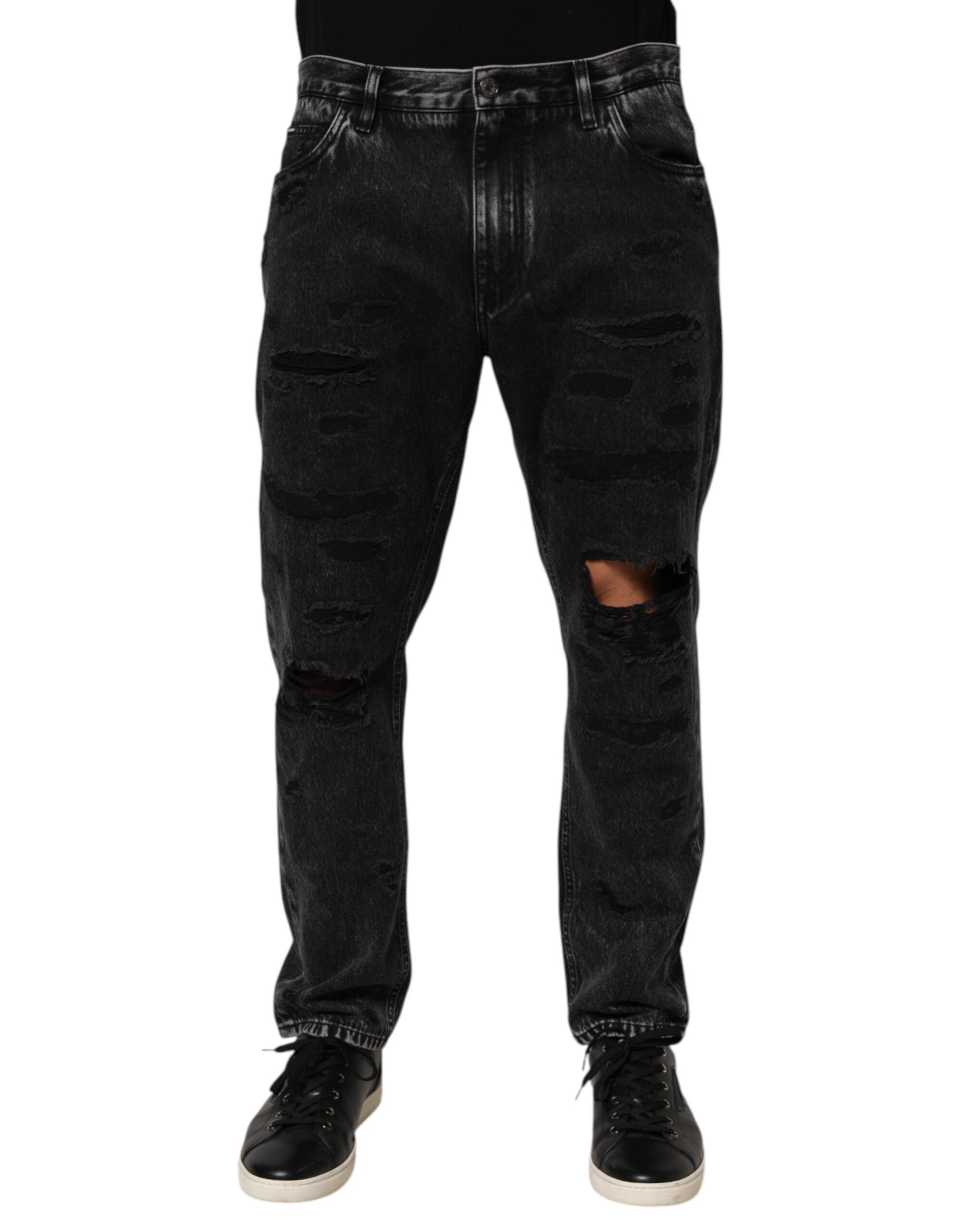Dolce & Gabbana Schwarze gewaschene, zerrissene Jeans aus lockerem Baumwoll-Denim