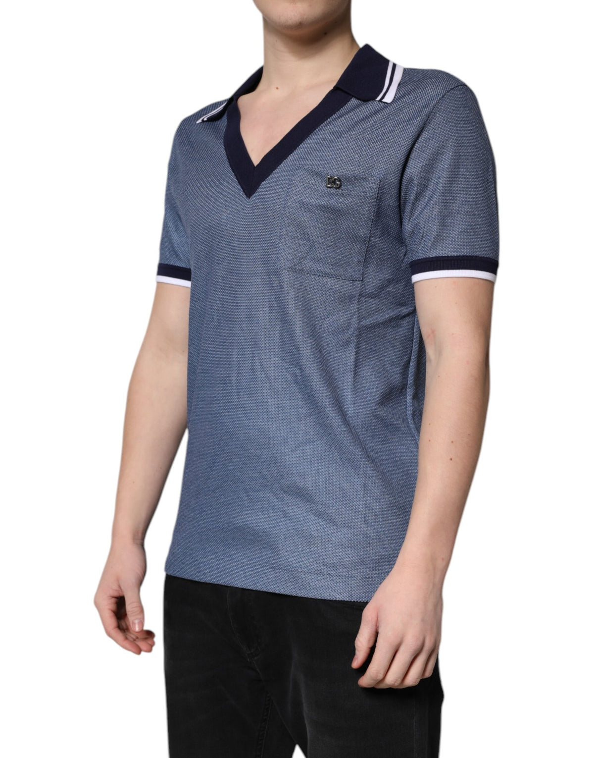 Dolce & Gabbana Blaues Polo-T-Shirt mit V-Ausschnitt aus Seidenmischung