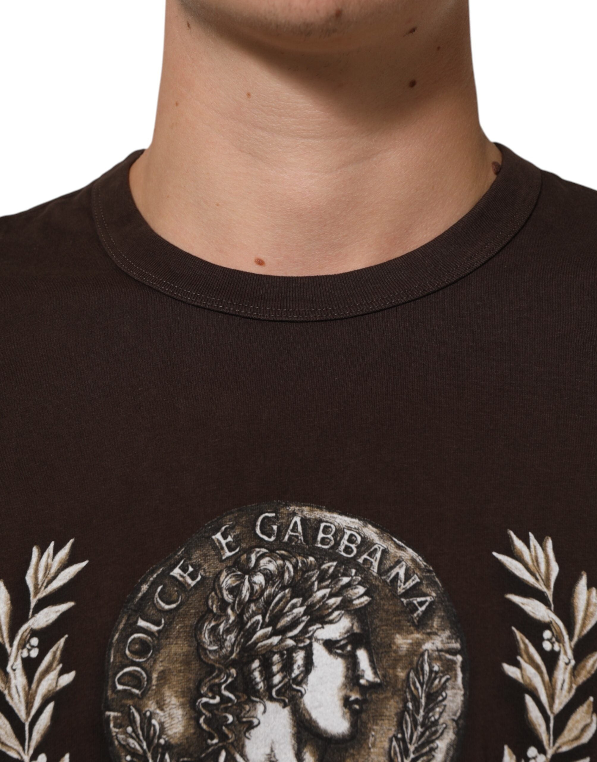 Dolce & Gabbana Braunes Münz-Lorbeer-T-Shirt mit Rundhalsausschnitt für Männer