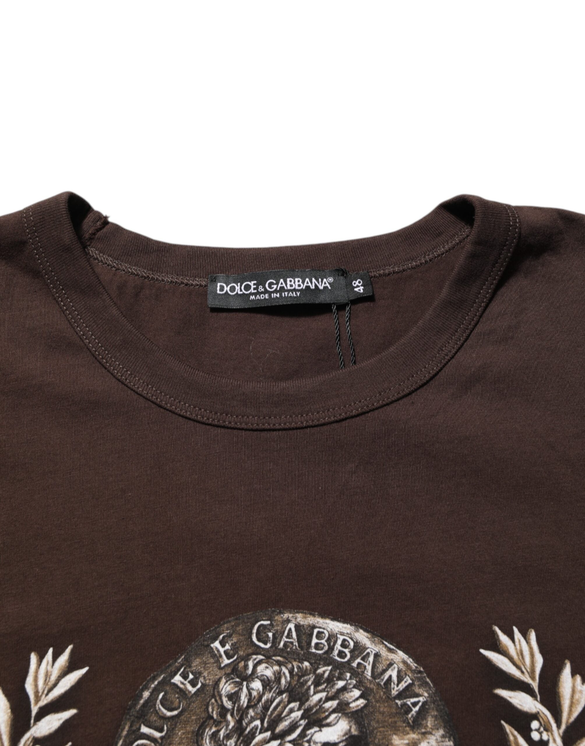 Dolce & Gabbana Braunes Münz-Lorbeer-T-Shirt mit Rundhalsausschnitt für Männer