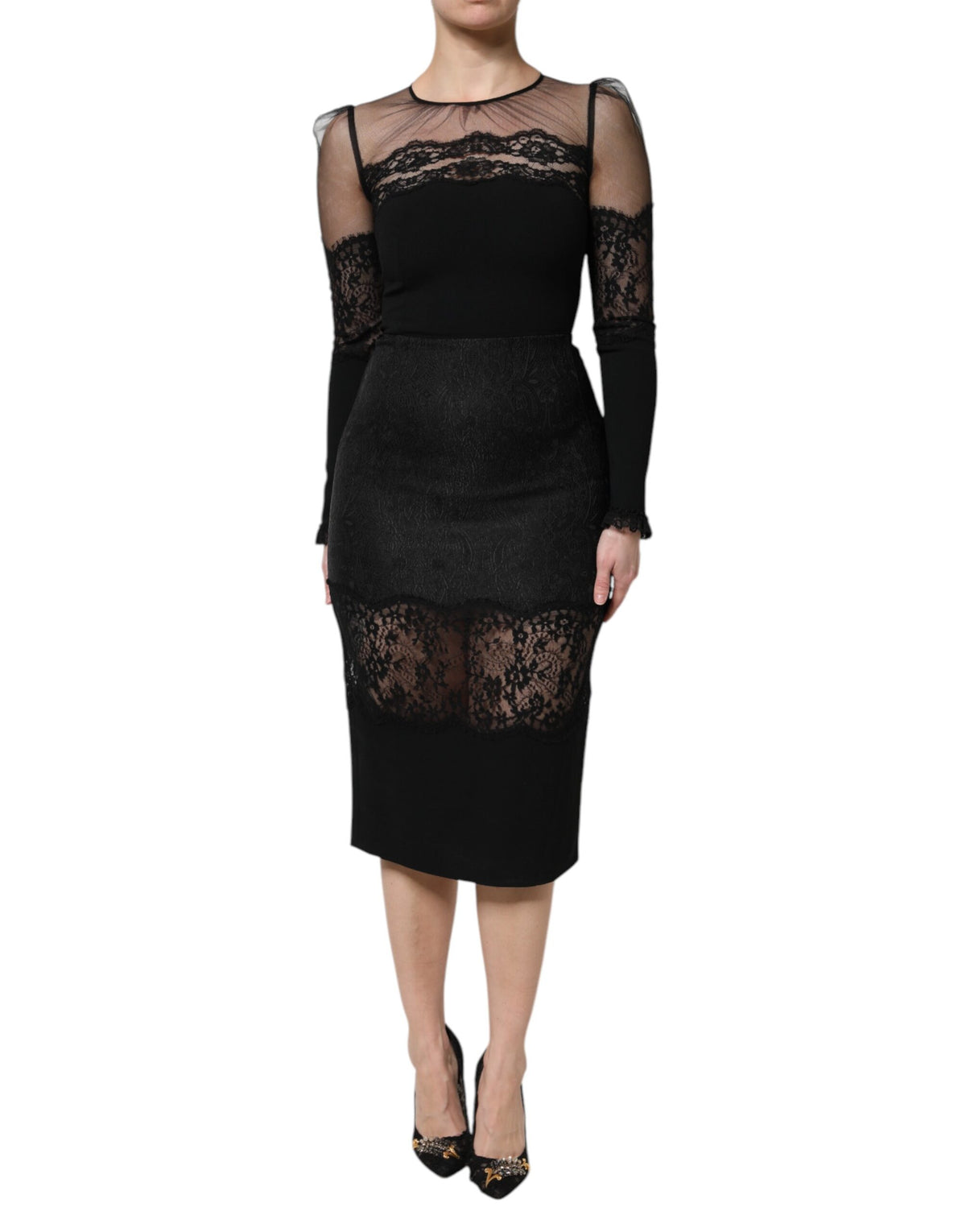 Dolce & Gabbana Schwarzes Spitzenbesetztes Nylon Tüll EtuikleidMidi Dress