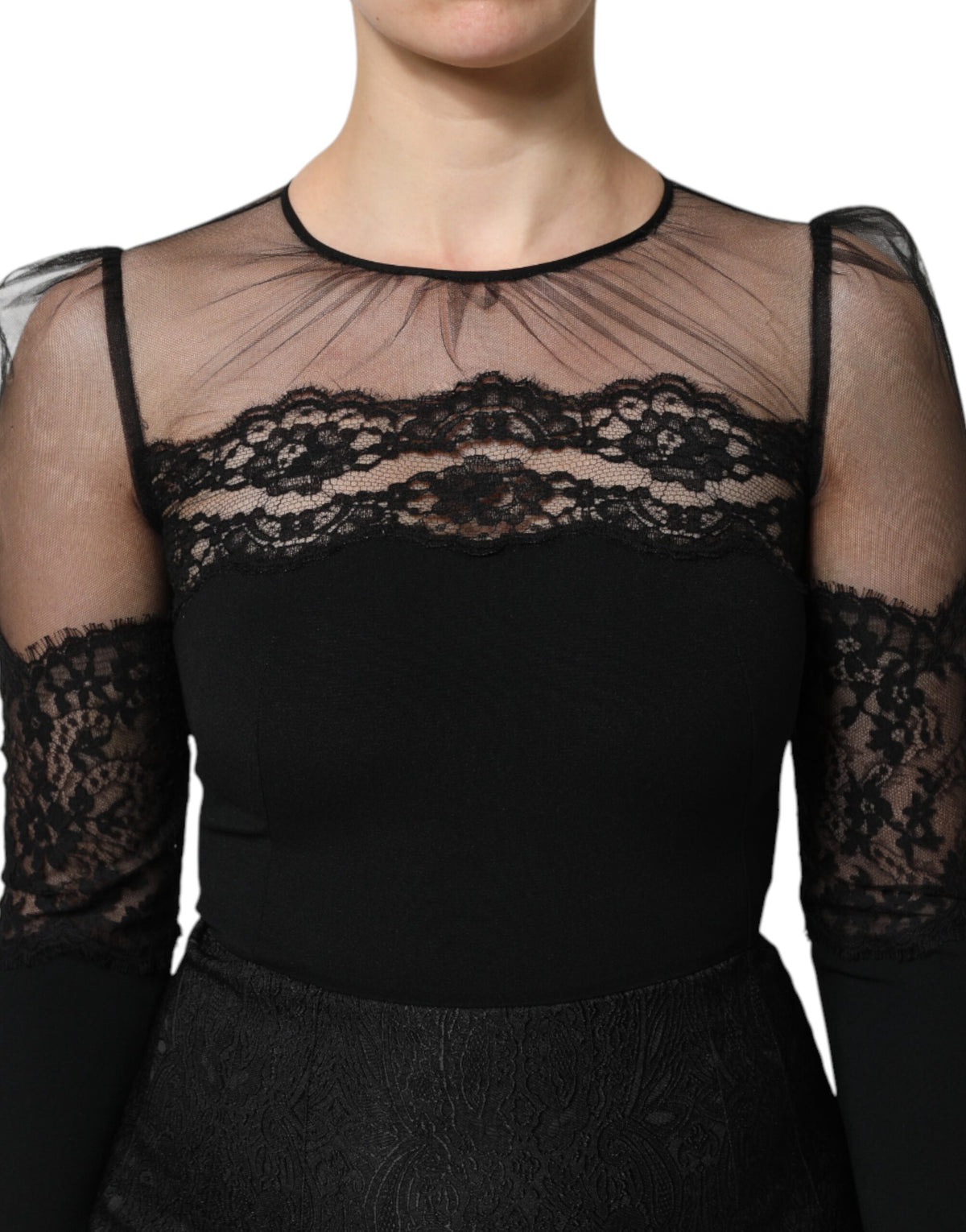 Dolce & Gabbana Schwarzes Spitzenbesetztes Nylon Tüll EtuikleidMidi Dress