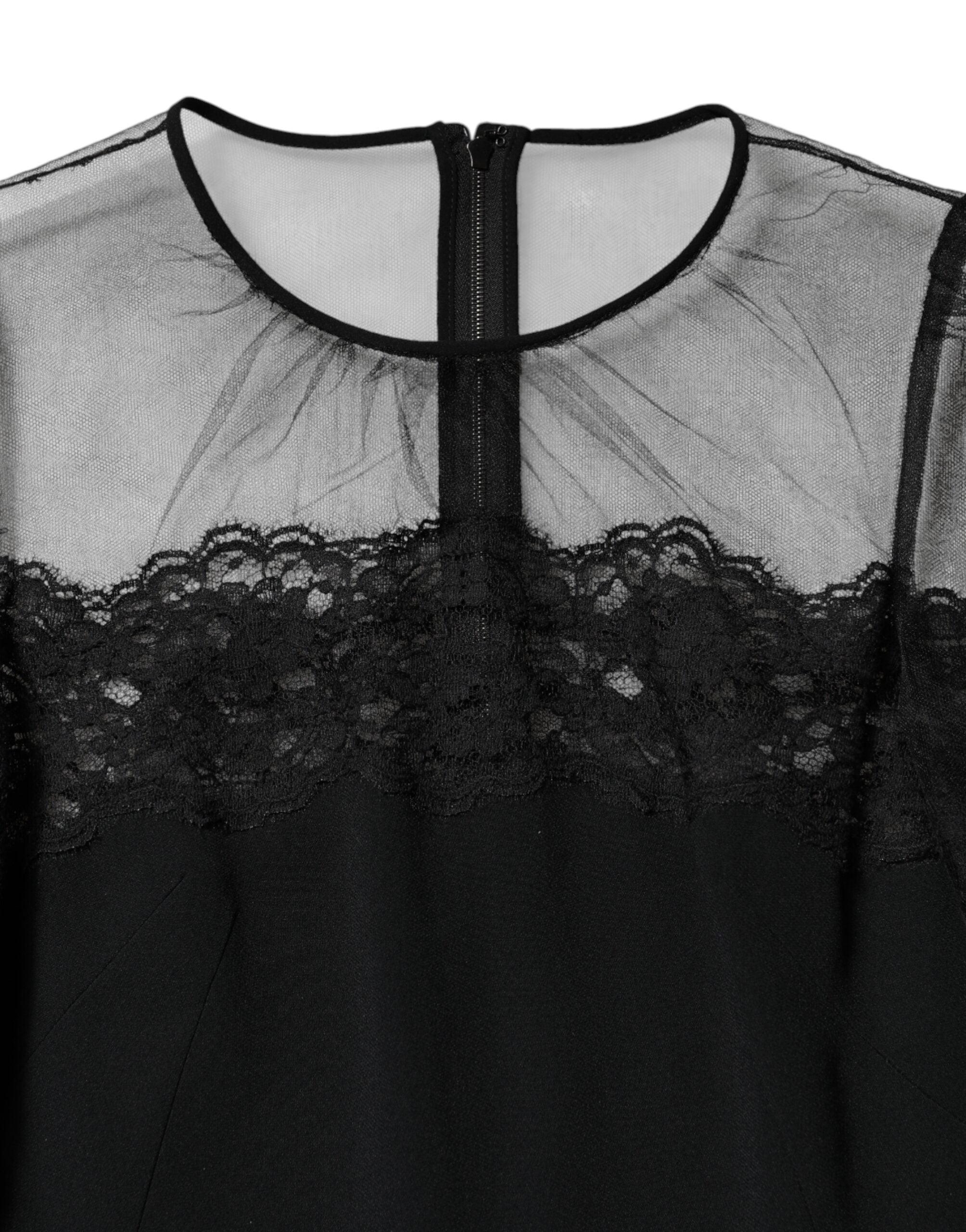 Dolce & Gabbana Schwarzes Spitzenbesetztes Nylon Tüll EtuikleidMidi Dress