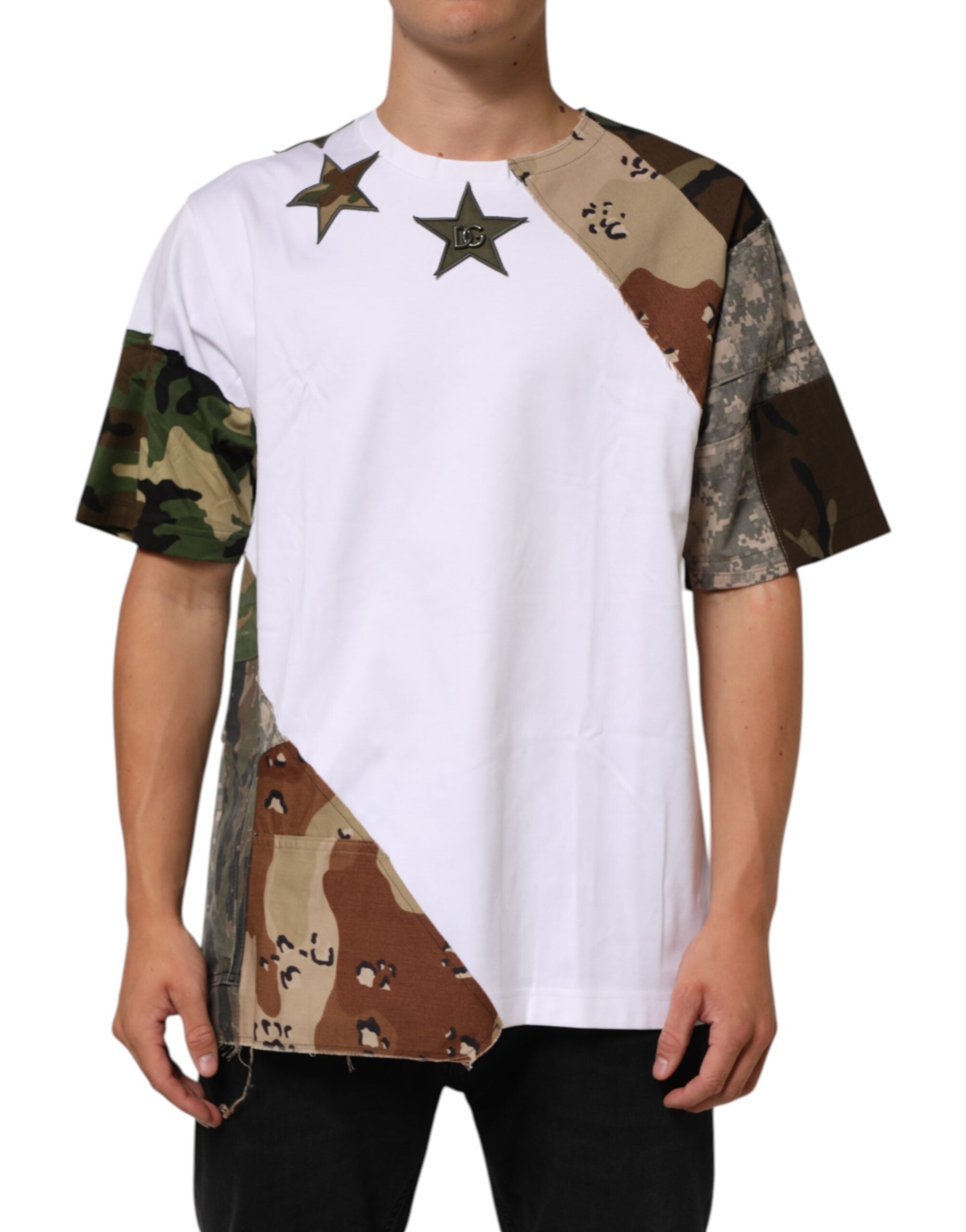 Dolce & Gabbana Weißes Camouflage-Muster Männer T-Shirt aus Baumwolle