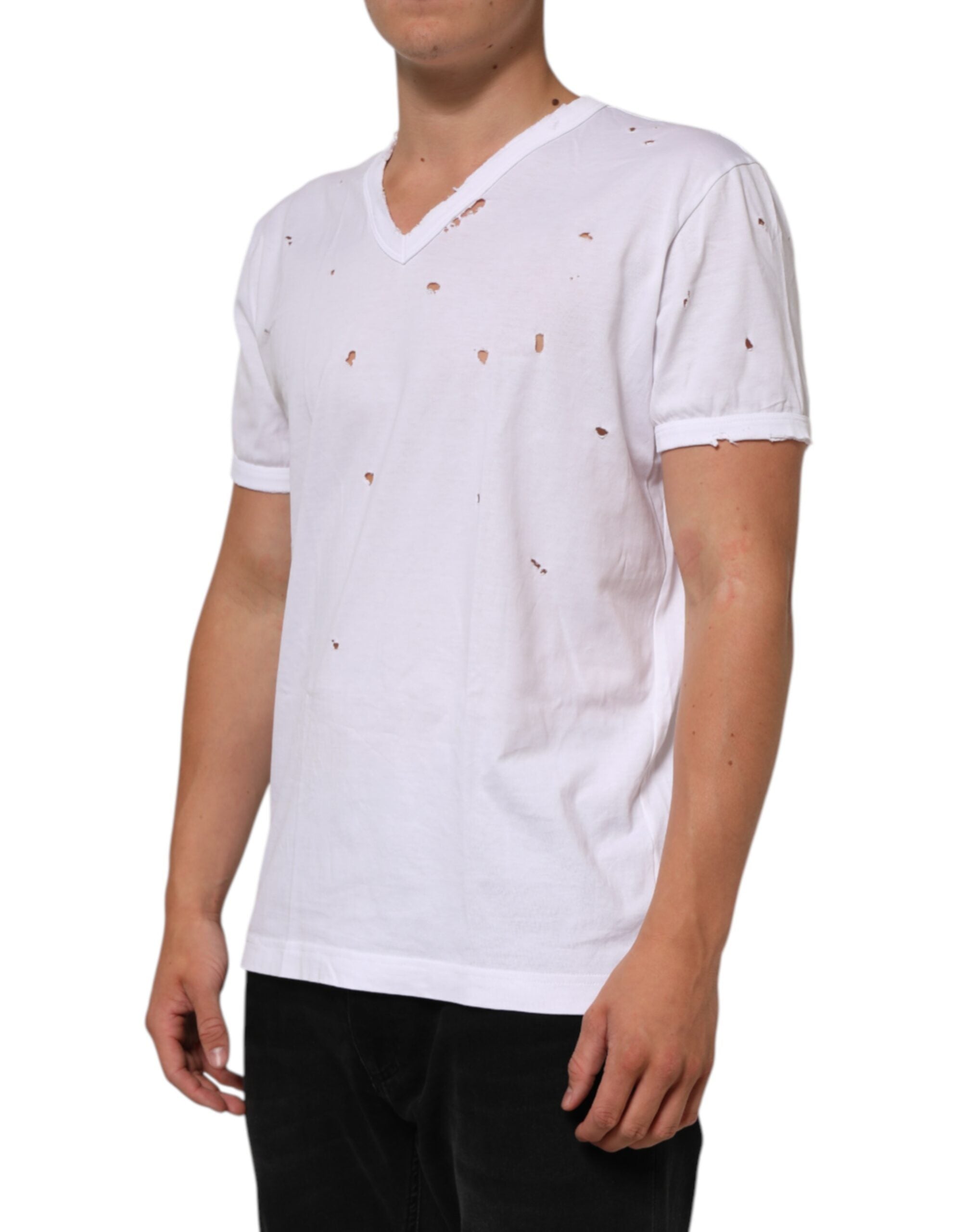 Dolce & Gabbana Weißes Distressed Baumwolle V-Ausschnitt Männer-T-Shirt