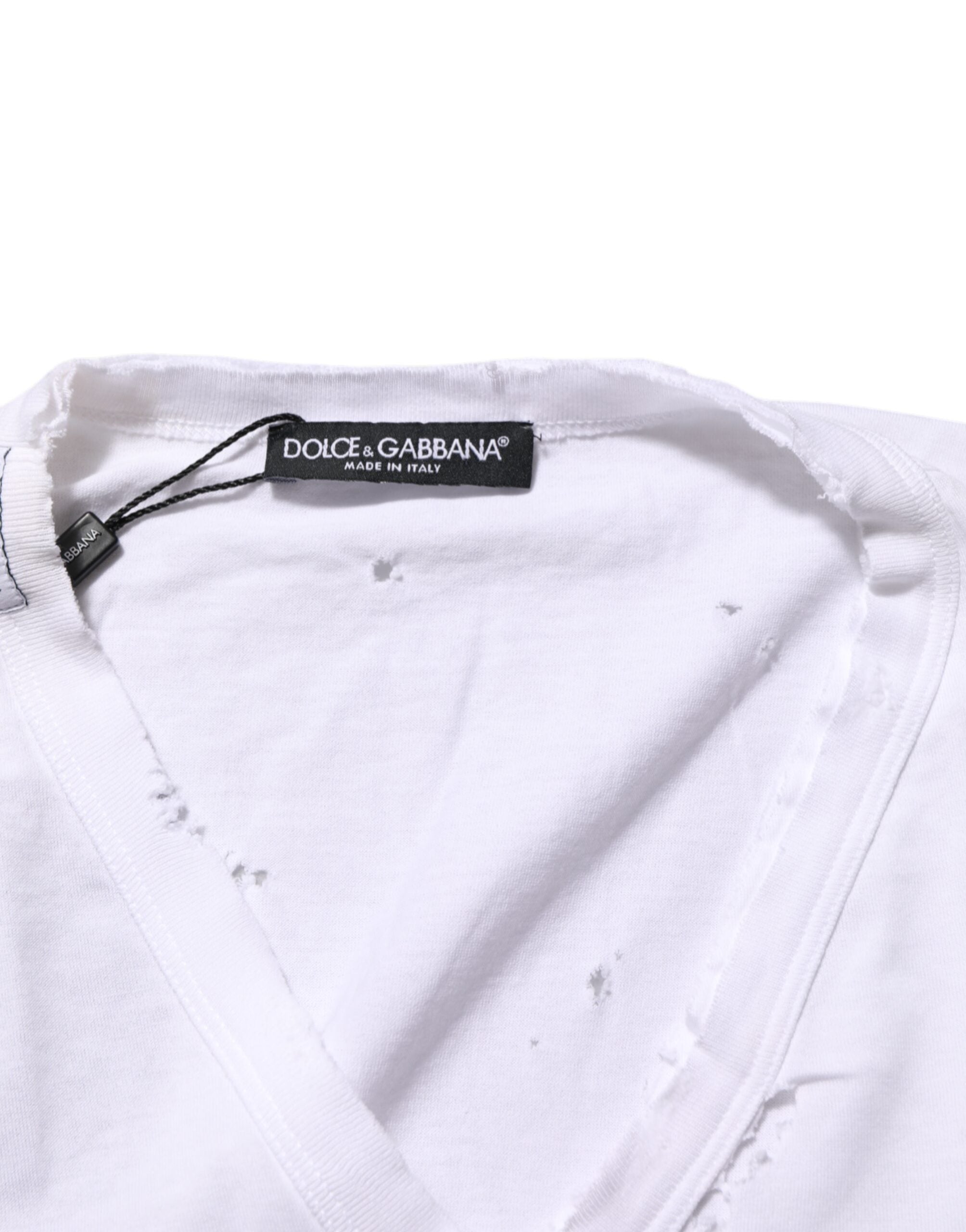 Dolce & Gabbana Weißes Distressed Baumwolle V-Ausschnitt Männer-T-Shirt