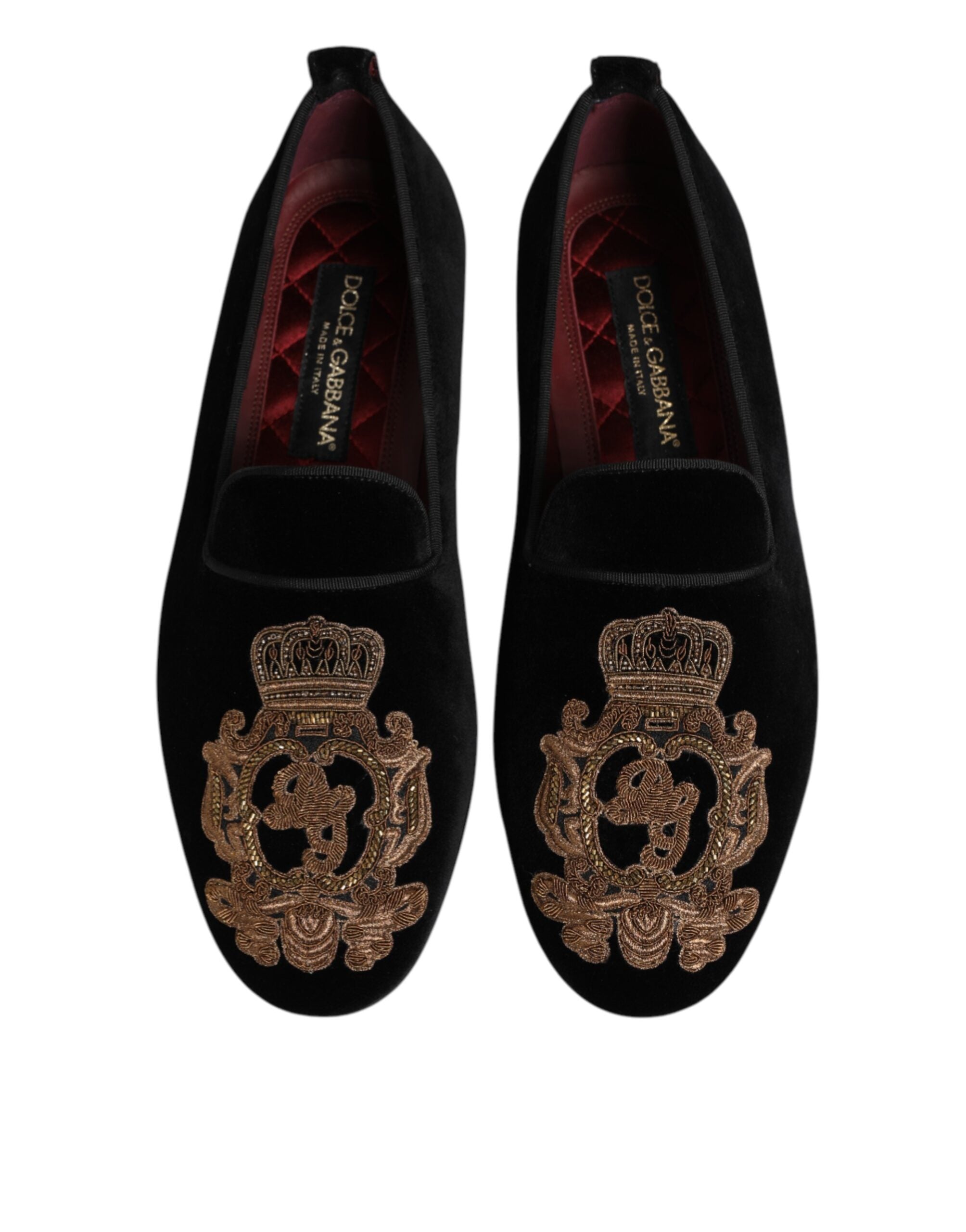 Dolce & Gabbana Schwarze Samt-Goldkrone Herren-Loafer