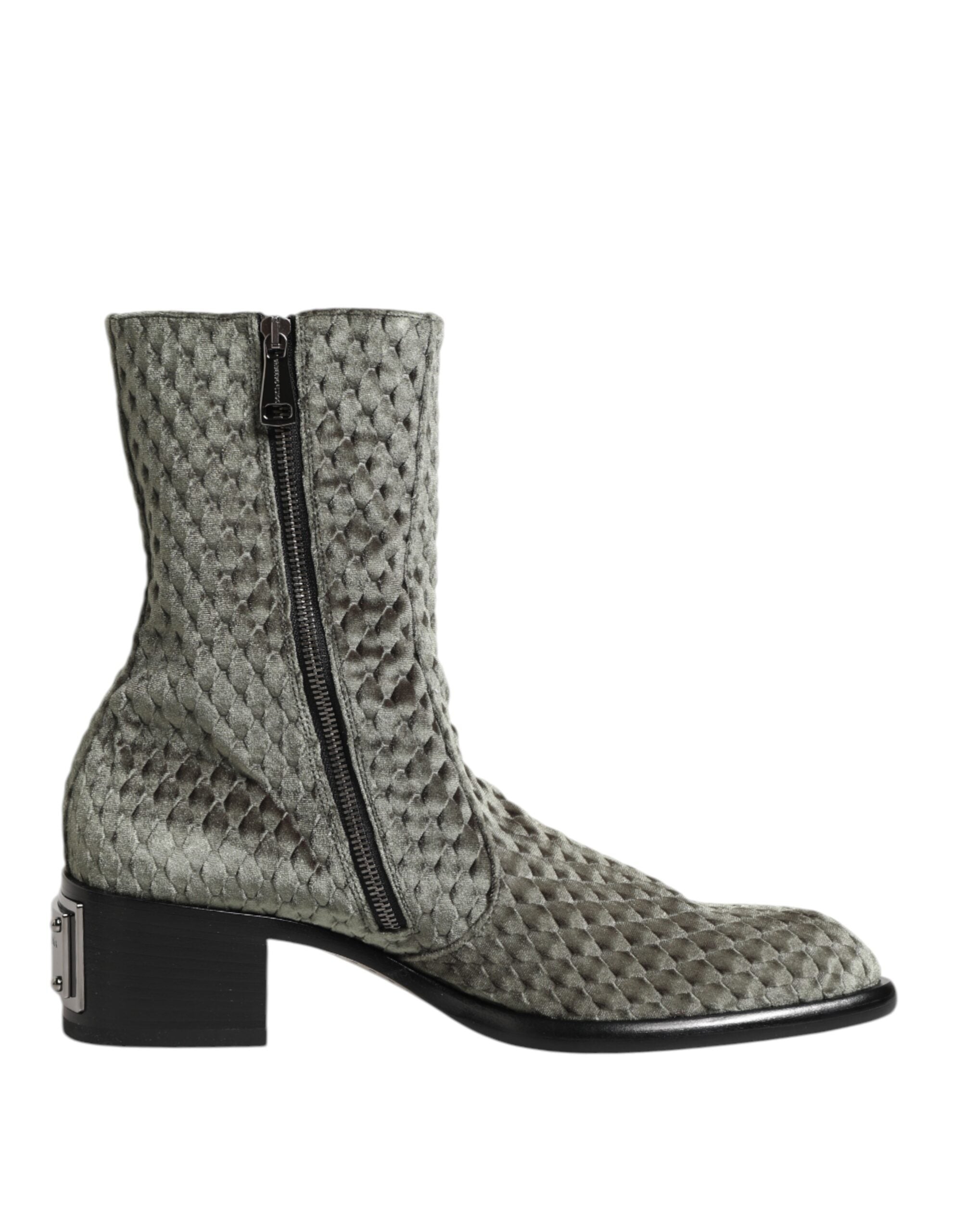 Dolce & Gabbana Graue Baumwolle Samt Mid Calf Kurze Stiefel Schuhe