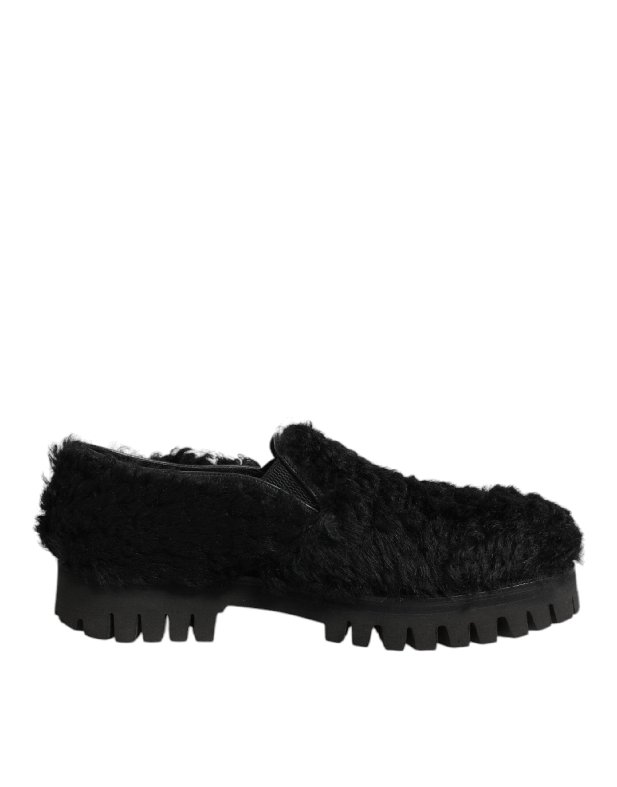 Dolce & Gabbana Kleid Schwarz Pelz Leder Hausschuhe Männer Schuhe