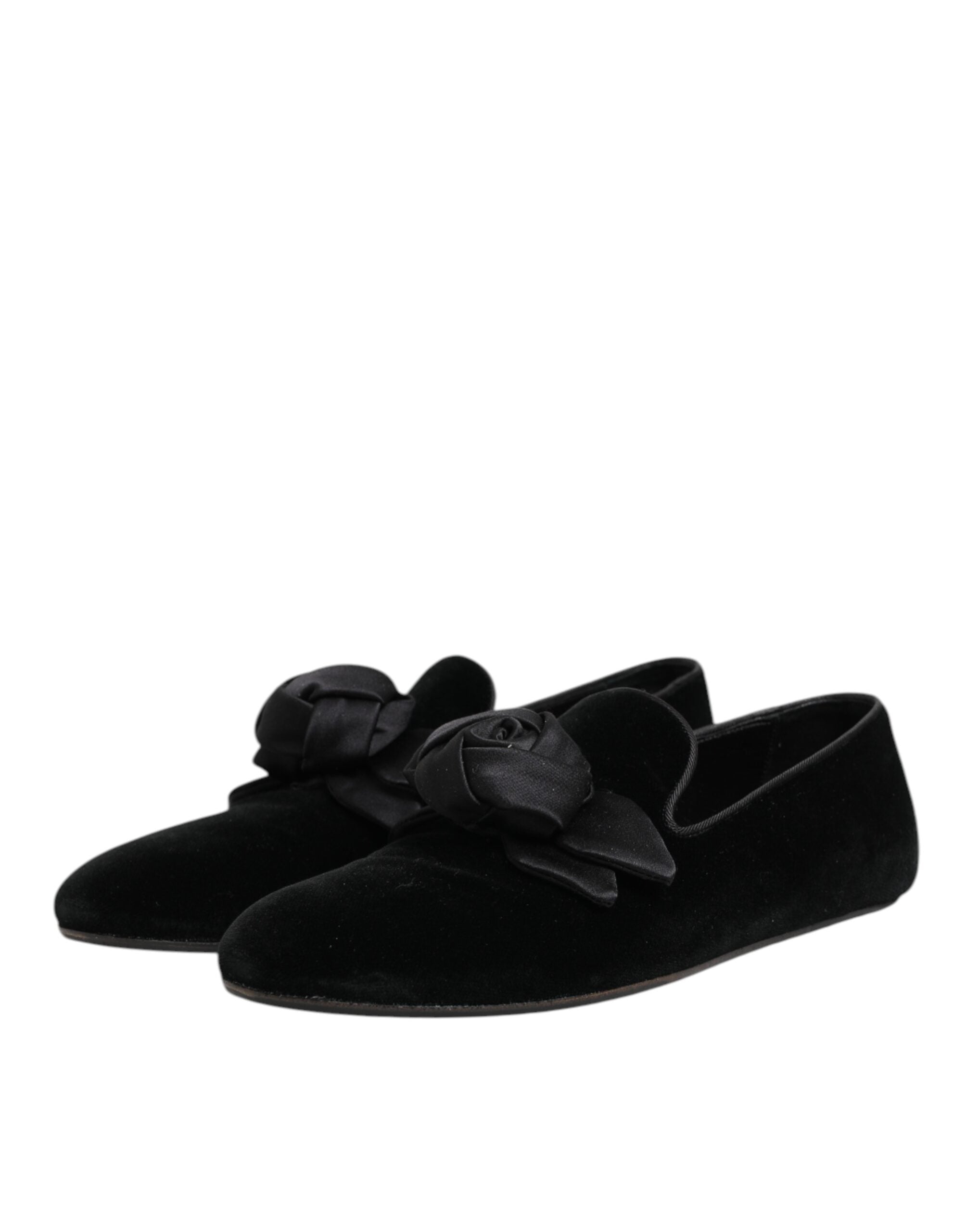 Dolce & Gabbana Schwarz Wildleder Baumwolle Rose Slip On Loafers Schuhe