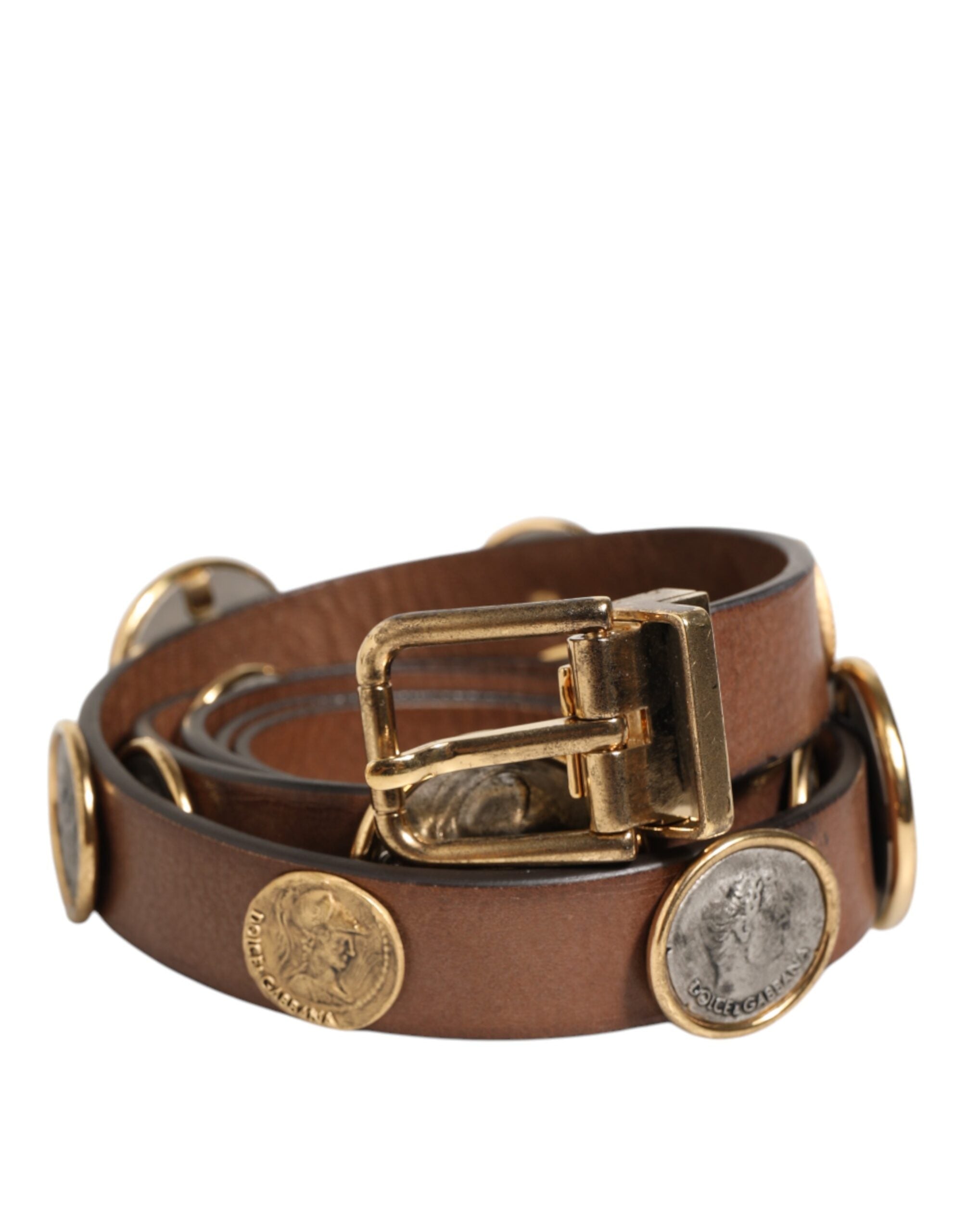Dolce & Gabbana Braunes Leder Gold Silber Münze Schnalle Gürtel