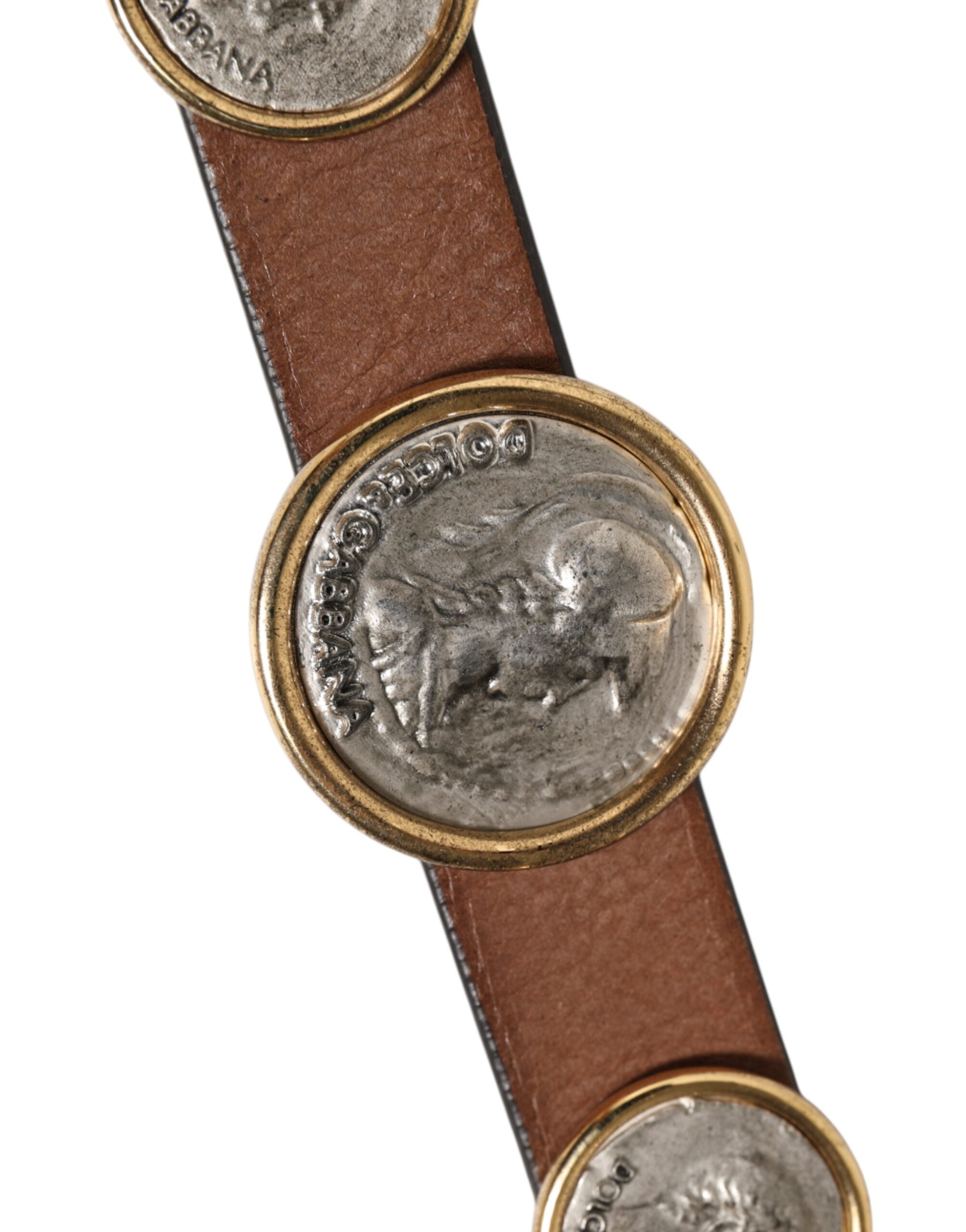 Dolce & Gabbana Braunes Leder Gold Silber Münze Schnalle Gürtel