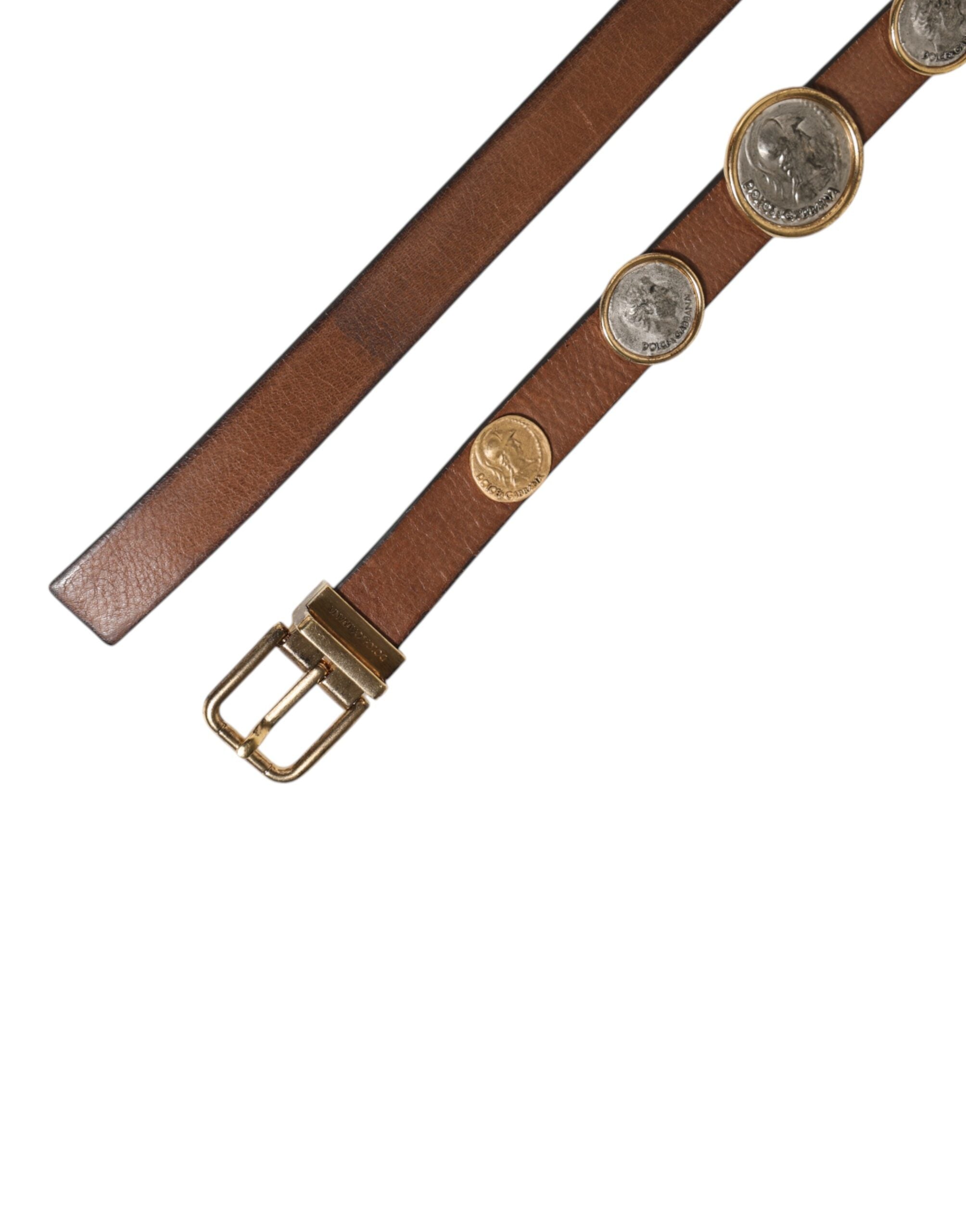 Dolce & Gabbana Braunes Leder Gold Silber Münze Schnalle Gürtel