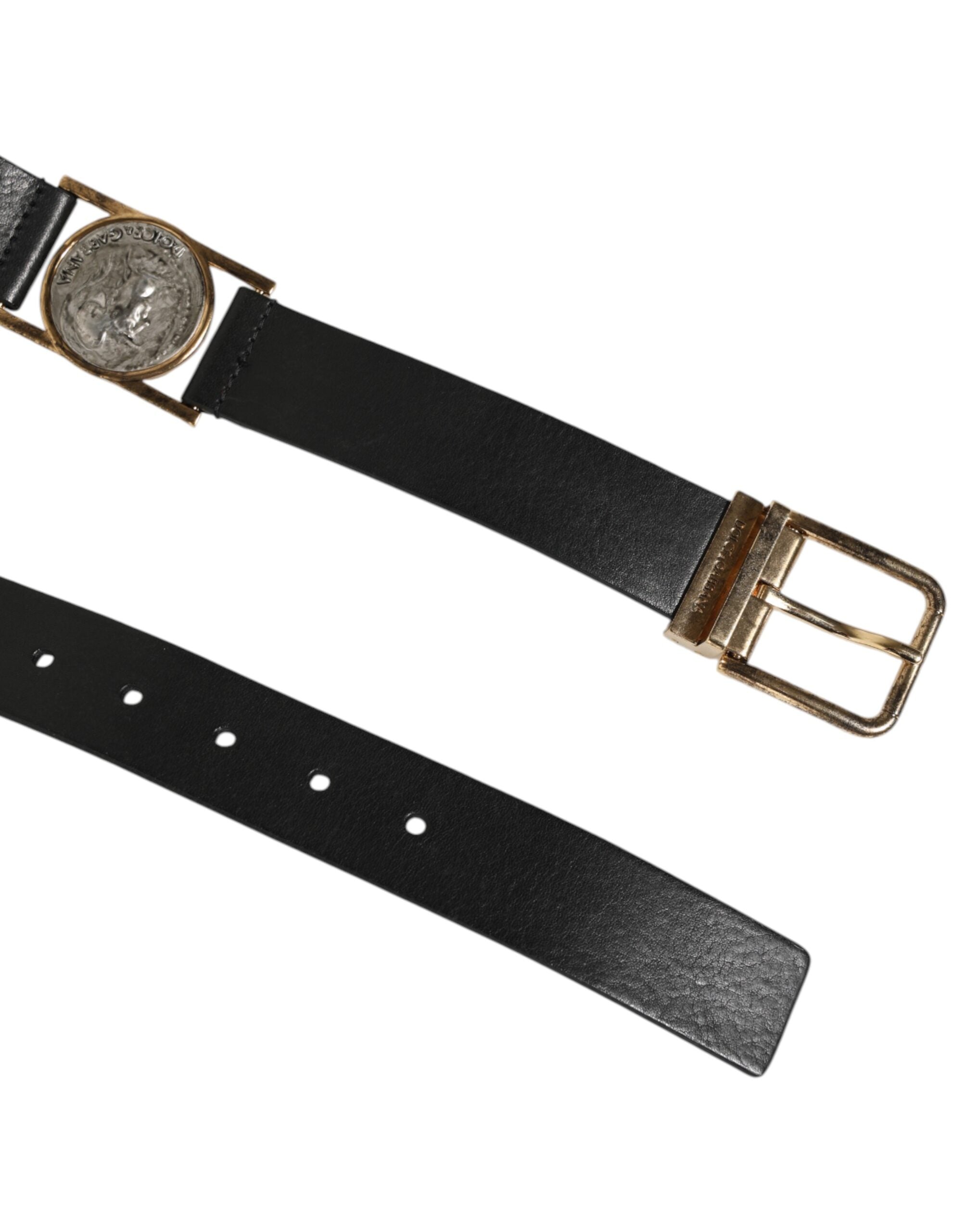 Dolce & Gabbana Schwarzes Leder Gold Silber Münze Schnalle Gürtel