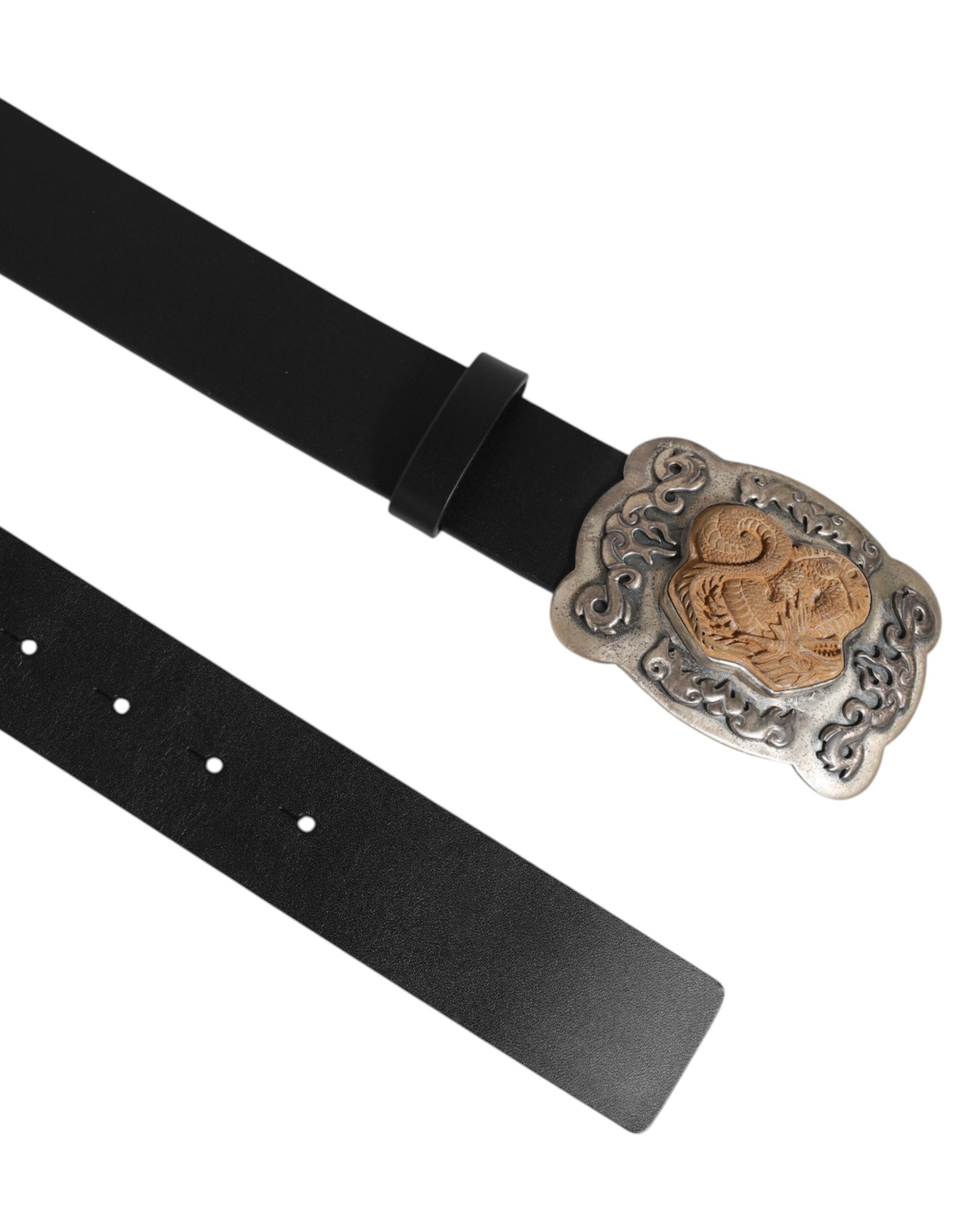 Dolce & Gabbana Schwarzer Leder Gothic Dragon Metallschnalle Gürtel