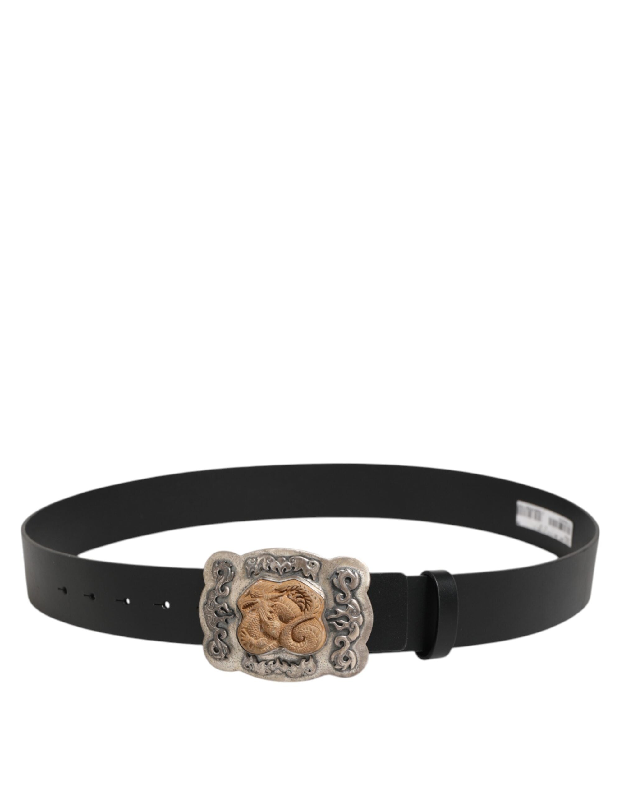 Dolce & Gabbana Schwarzer Leder Gothic Dragon Metallschnalle Gürtel