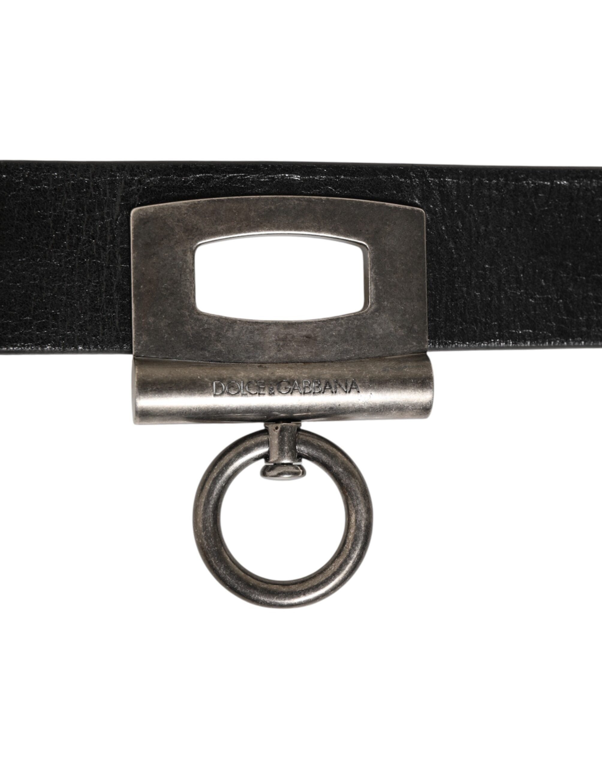 Dolce & Gabbana Schwarzes Leder Seite Ringe Messing Schnalle Gürtel