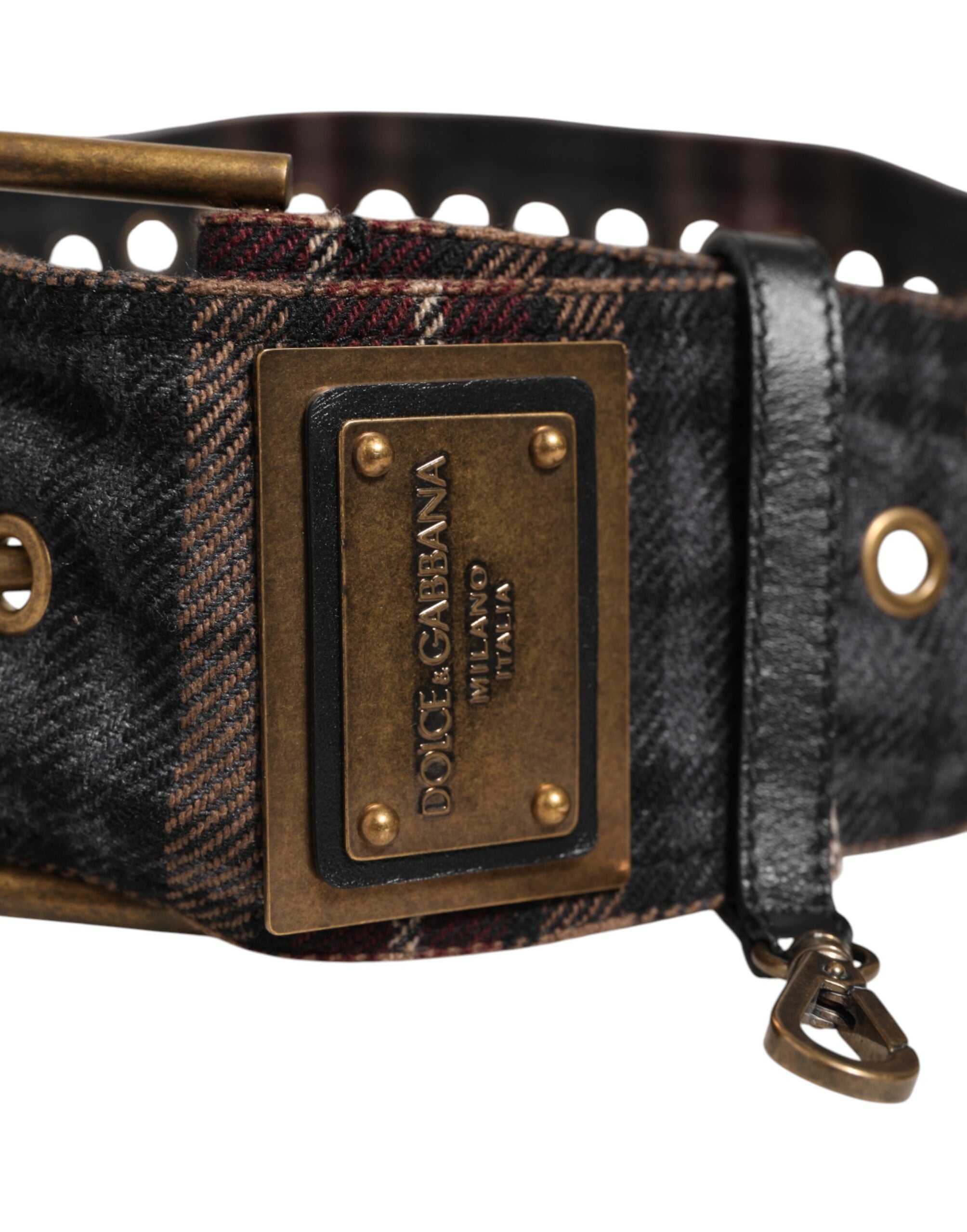Dolce & Gabbana Plaid Stoff Logo Platte Messing Schnalle Gürtel