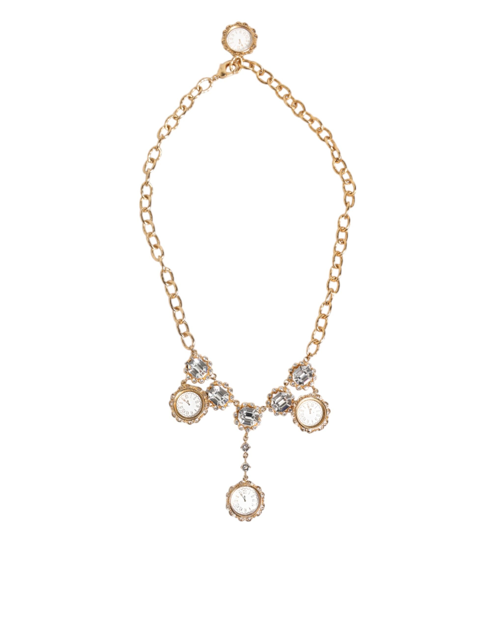 Dolce & Gabbana Gold Crystal Clock Anhänger Statement-Schmuck Halskette