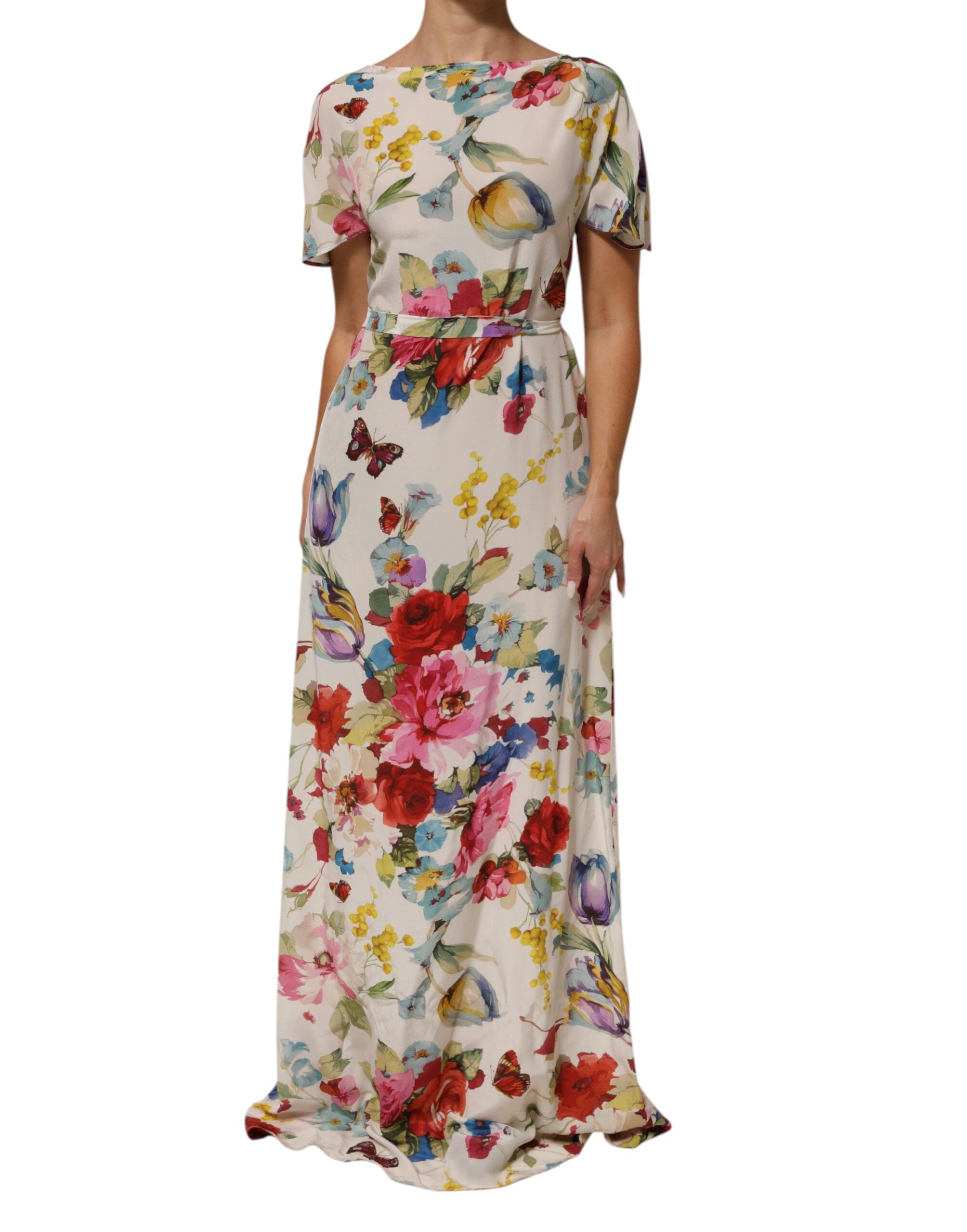 Dolce & Gabbana Weißes Seidenmantelkleid mit Blumenmuster und langem Kleid