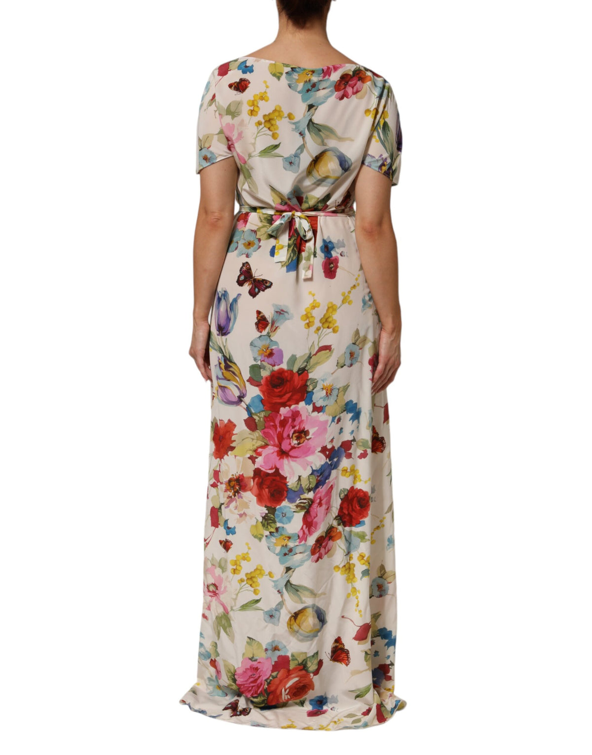 Dolce & Gabbana Weißes Seidenmantelkleid mit Blumenmuster und langem Kleid