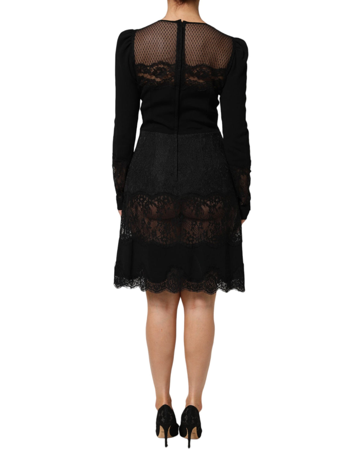 Dolce & Gabbana Schwarzes geblümtes Kleid mit Spitzenbesatz in A-Linie