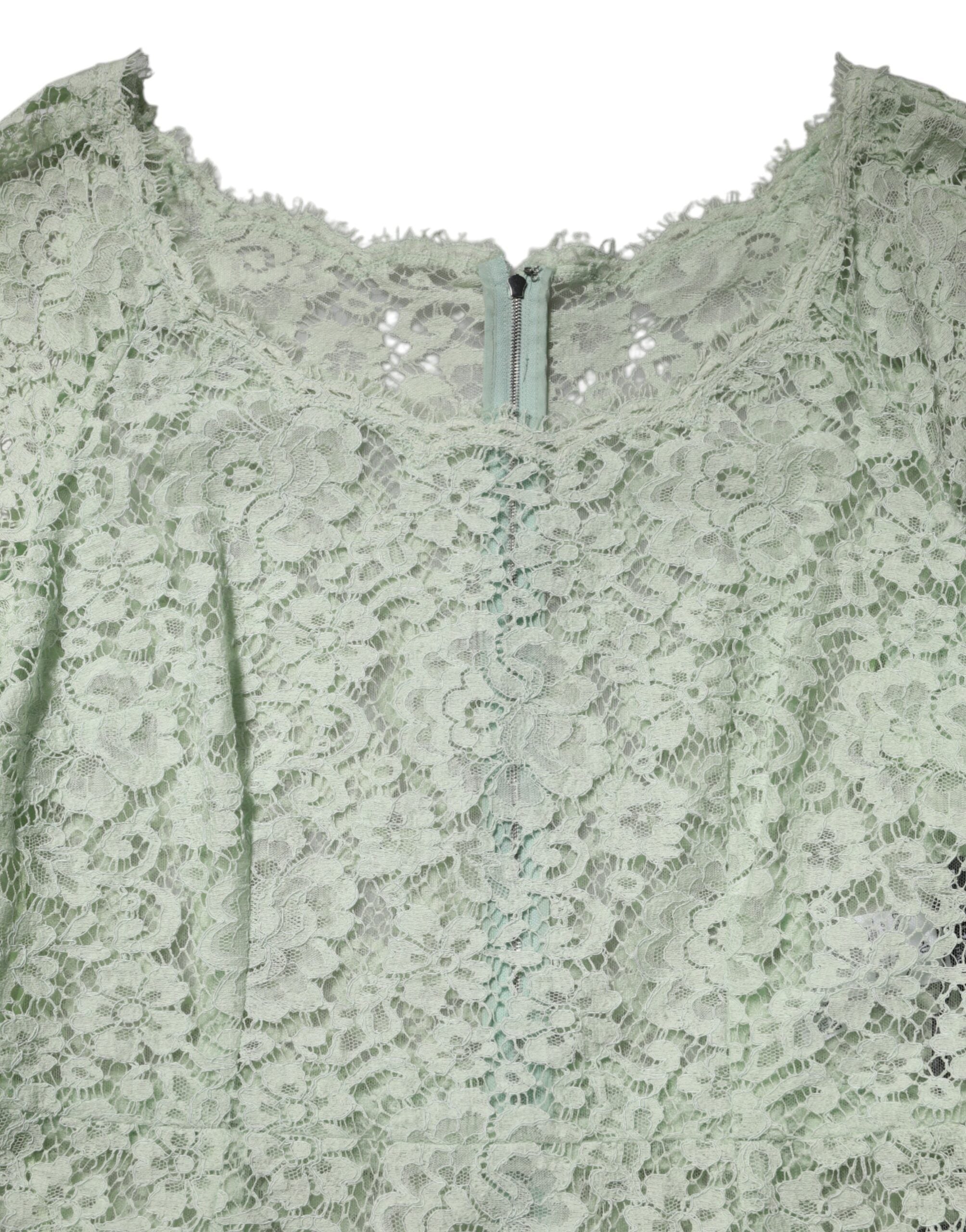 Dolce & Gabbana Mintgrünes Midikleid mit Blumenmuster und Spitzenbesatz