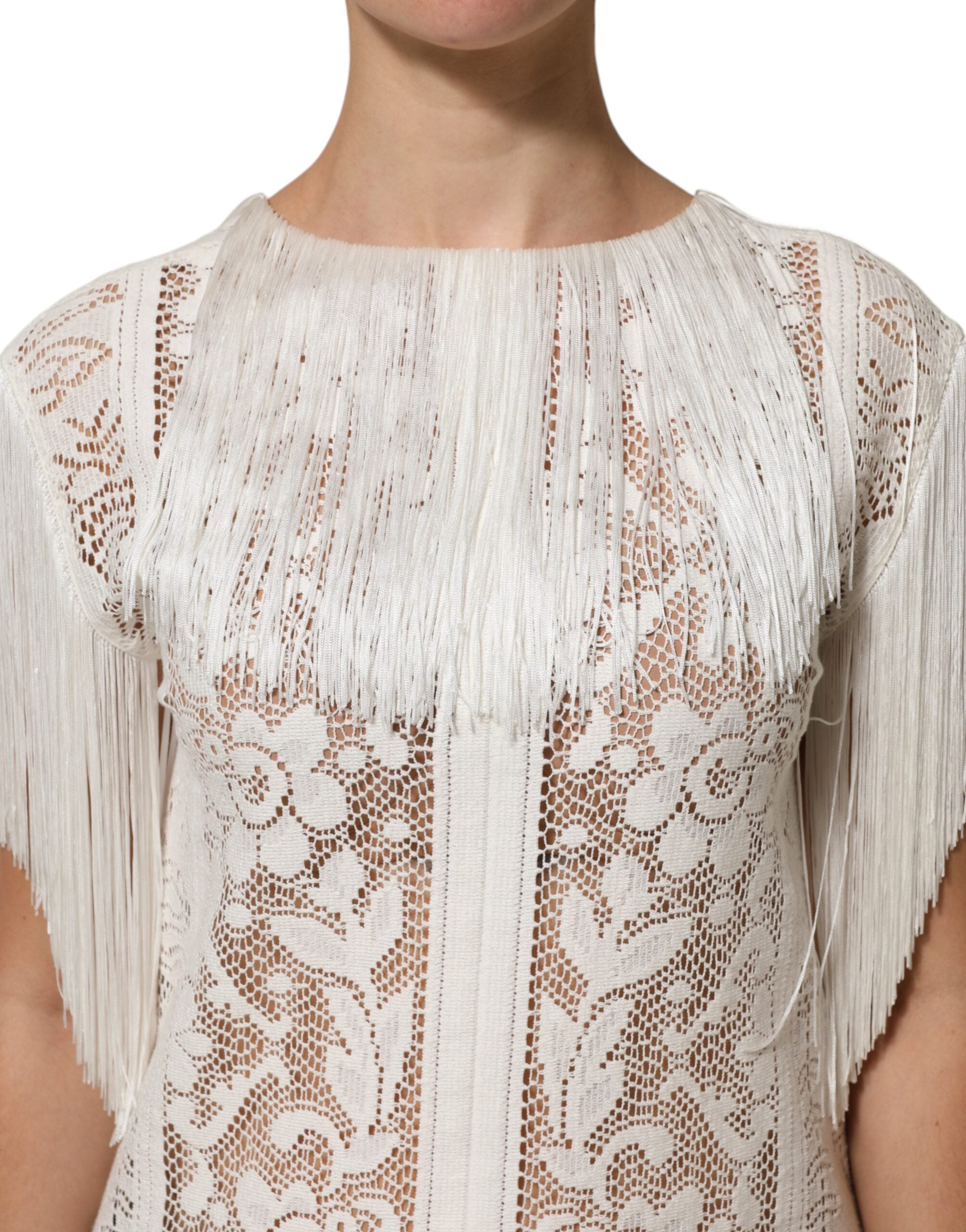 Dolce & Gabbana Weißes knielanges Kleid aus floraler Spitze mit Fransen