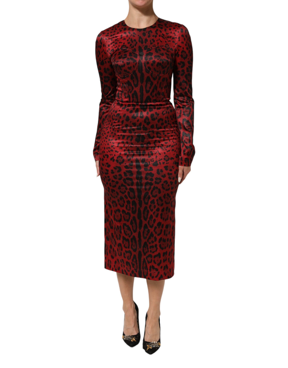 Dolce & Gabbana Rotes Leopard Etuikleid mit langen Ärmeln