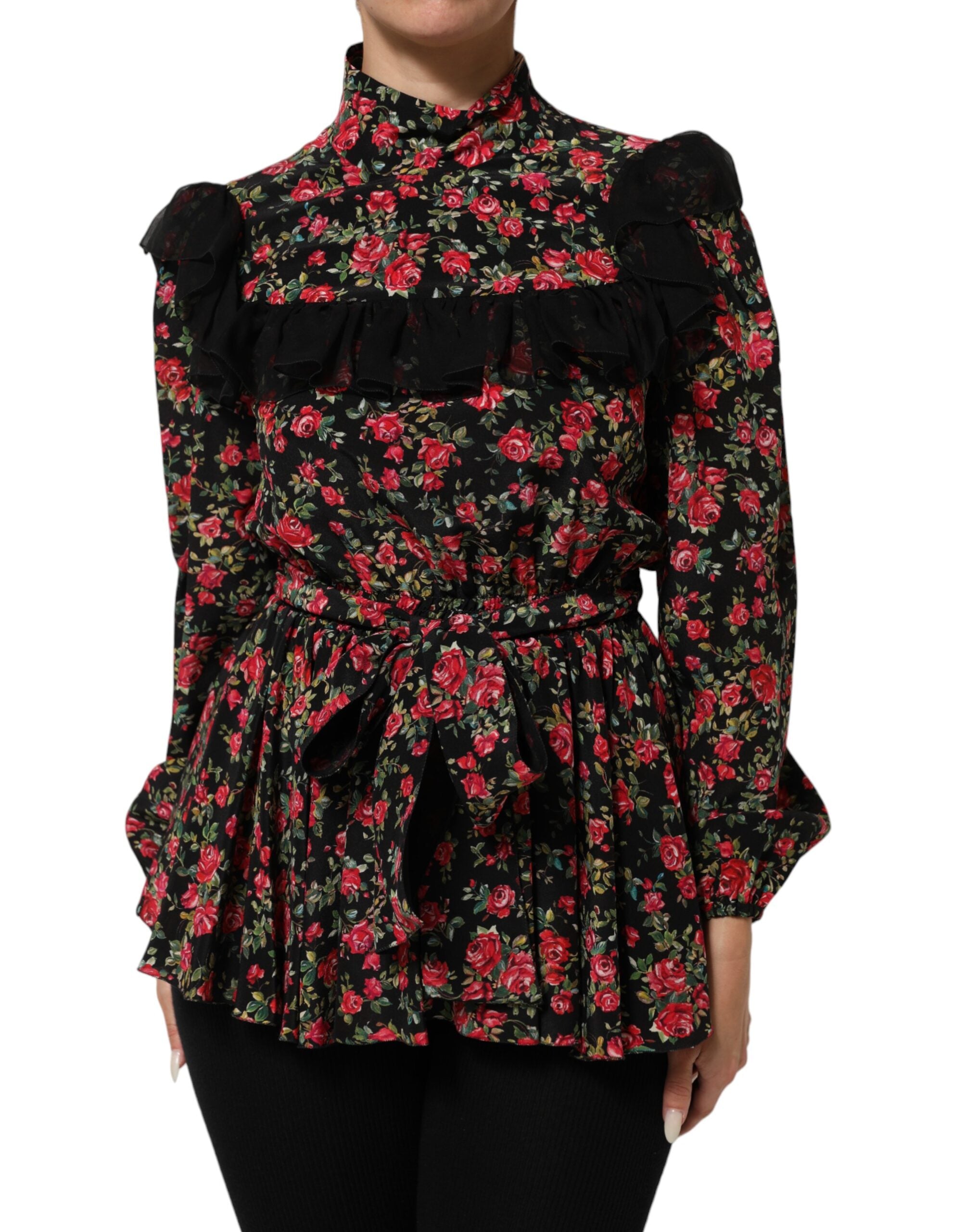 Dolce & Gabbana Schwarzes Blusentop mit Blumendruck und langen Ärmeln