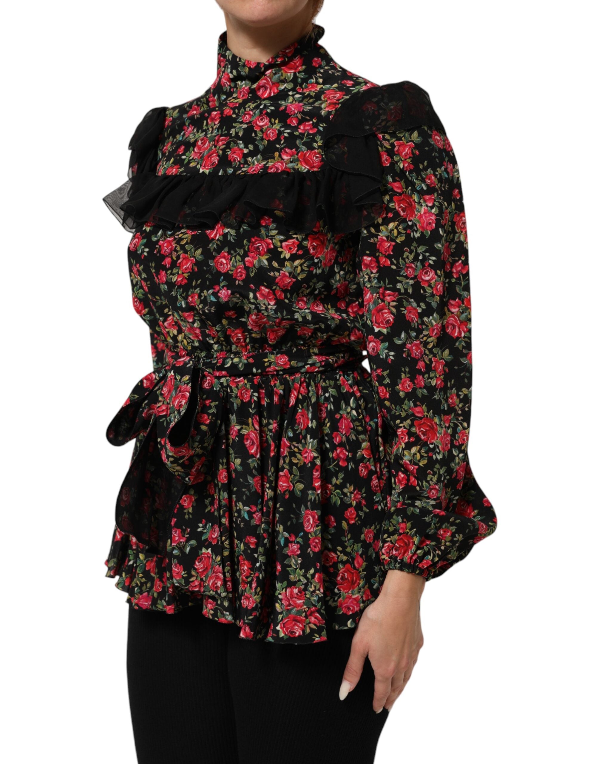 Dolce & Gabbana Schwarzes Blusentop mit Blumendruck und langen Ärmeln
