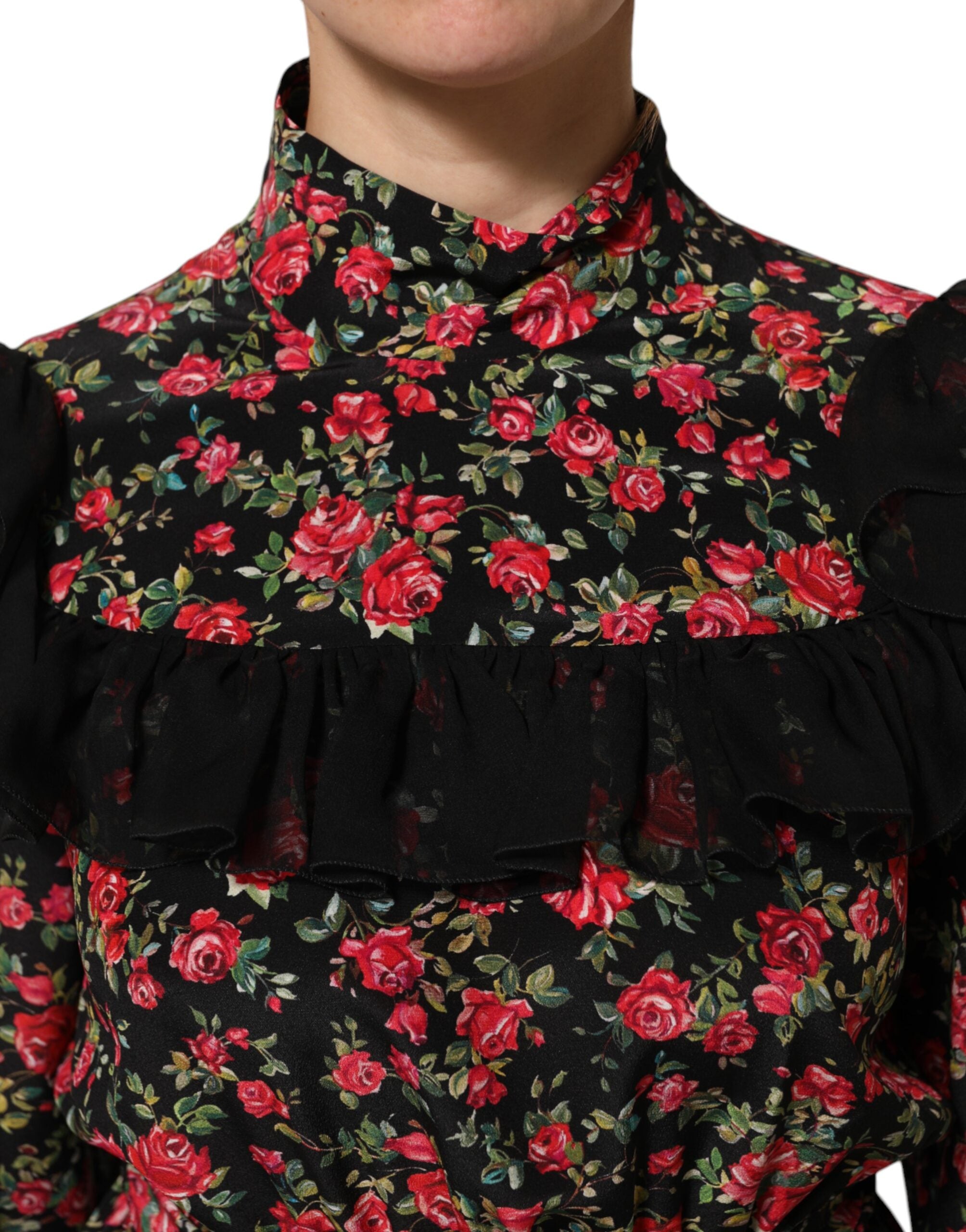 Dolce & Gabbana Schwarzes Blusentop mit Blumendruck und langen Ärmeln