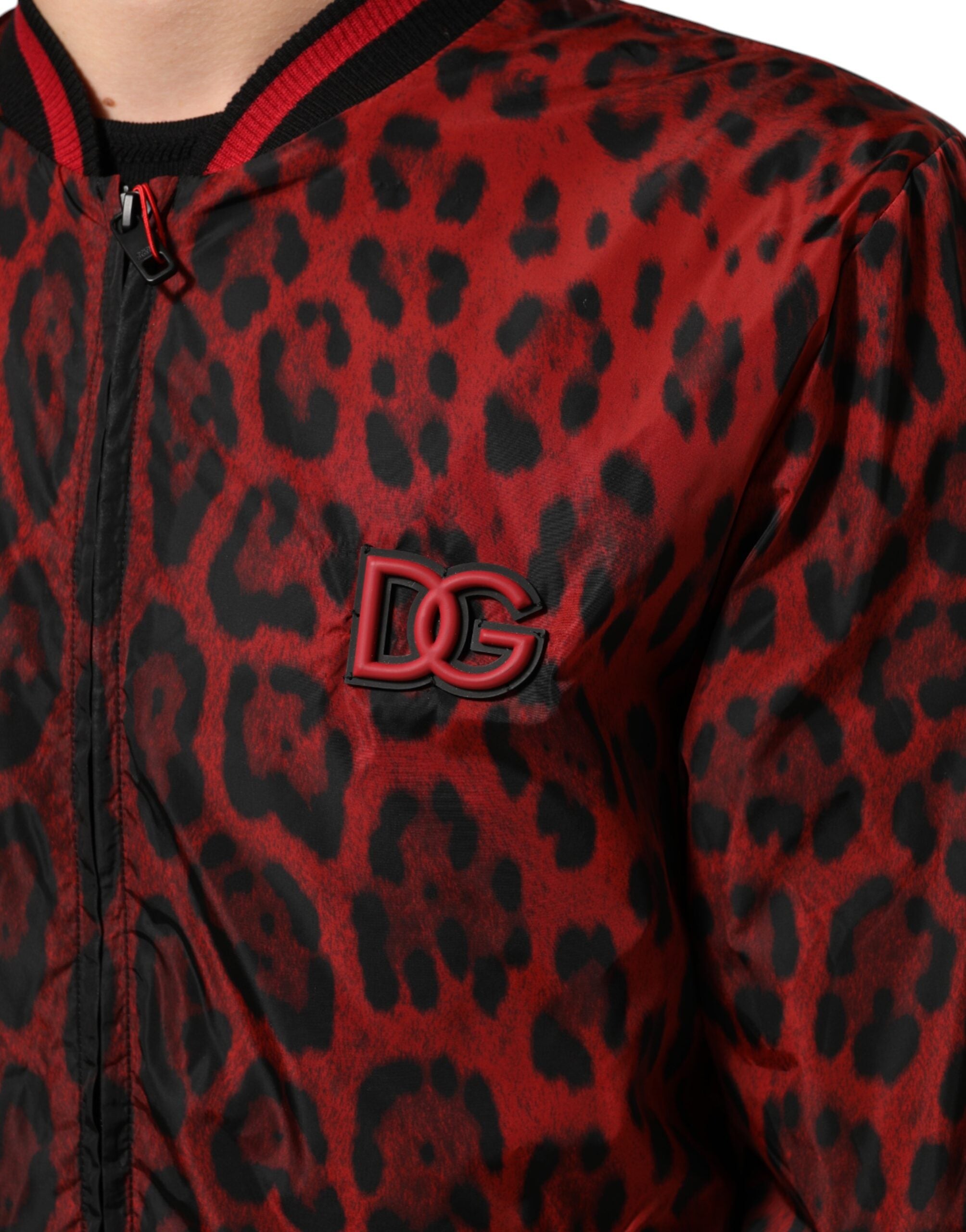 Dolce & Gabbana Rote Leopard Print Bomber Männer Jacke mit Reißverschluss