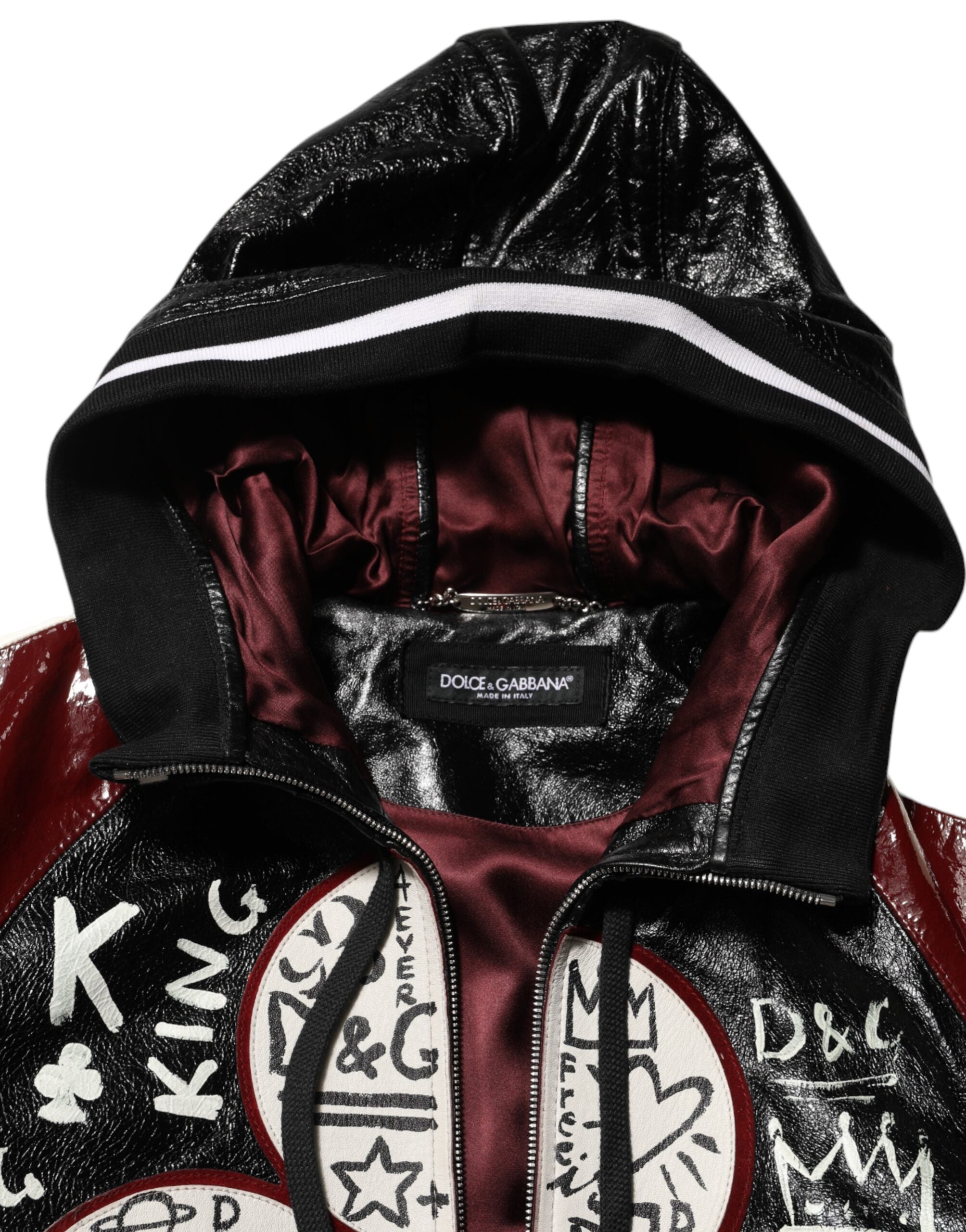 Dolce & Gabbana Multicolor Kapuzen Leder DG King Männer Biker Jacke