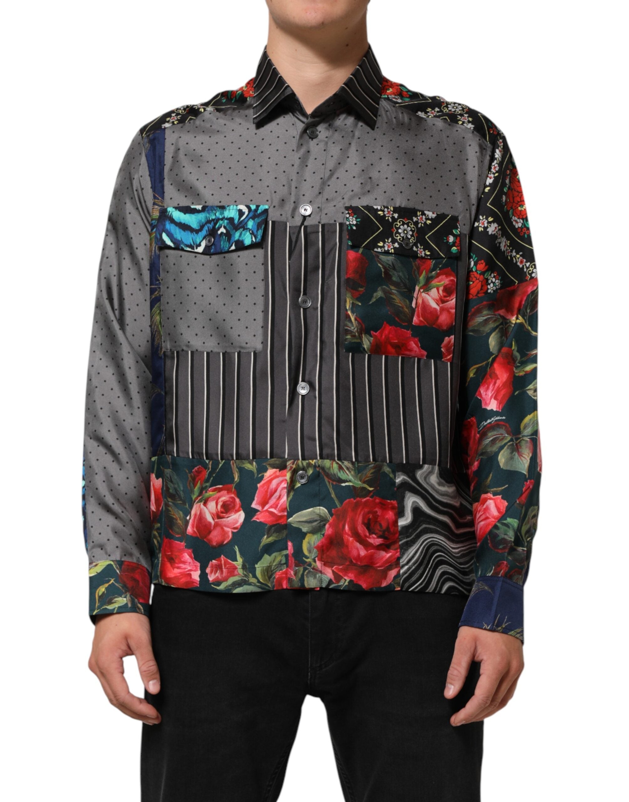 Dolce & Gabbana Hemd mit langen Ärmeln aus Seide im Multicolor-Patchwork-Design