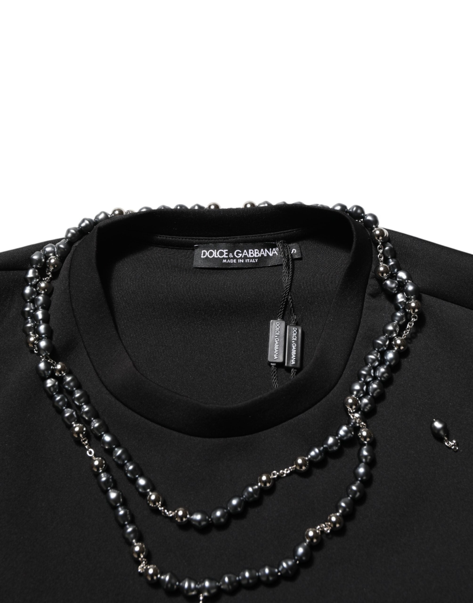 Dolce & Gabbana Schwarzes Polyester-T-Shirt mit Schmuckkragen