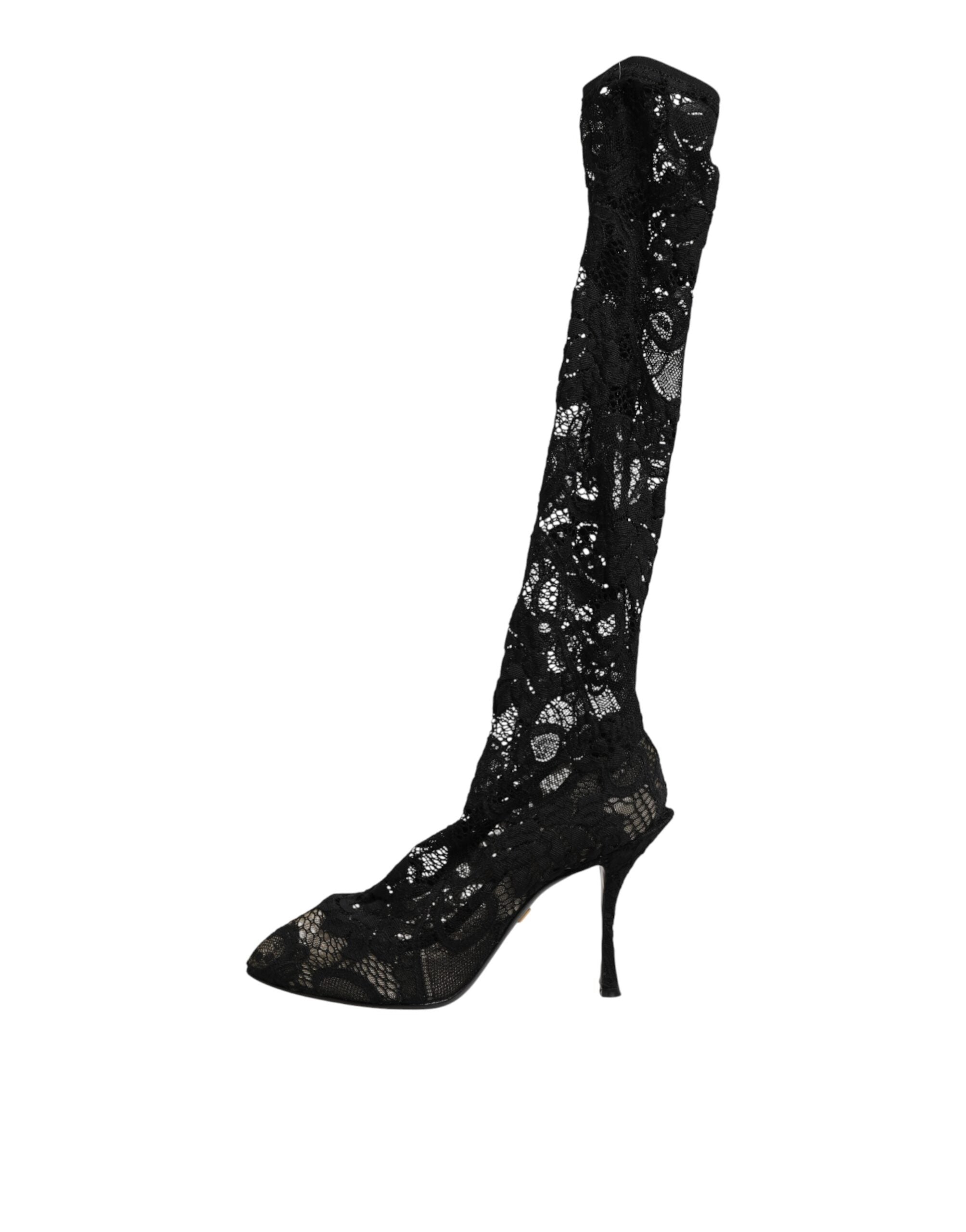 Dolce & Gabbana Schwarze Taormina-Spitzenstiefel mit Sockenoptik
