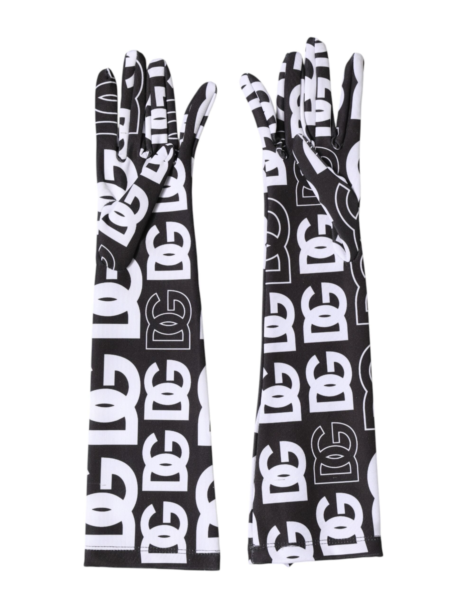Dolce & Gabbana Schwarze und Weiße DG Logo Ellenbogenlange Fingerhandschuhe