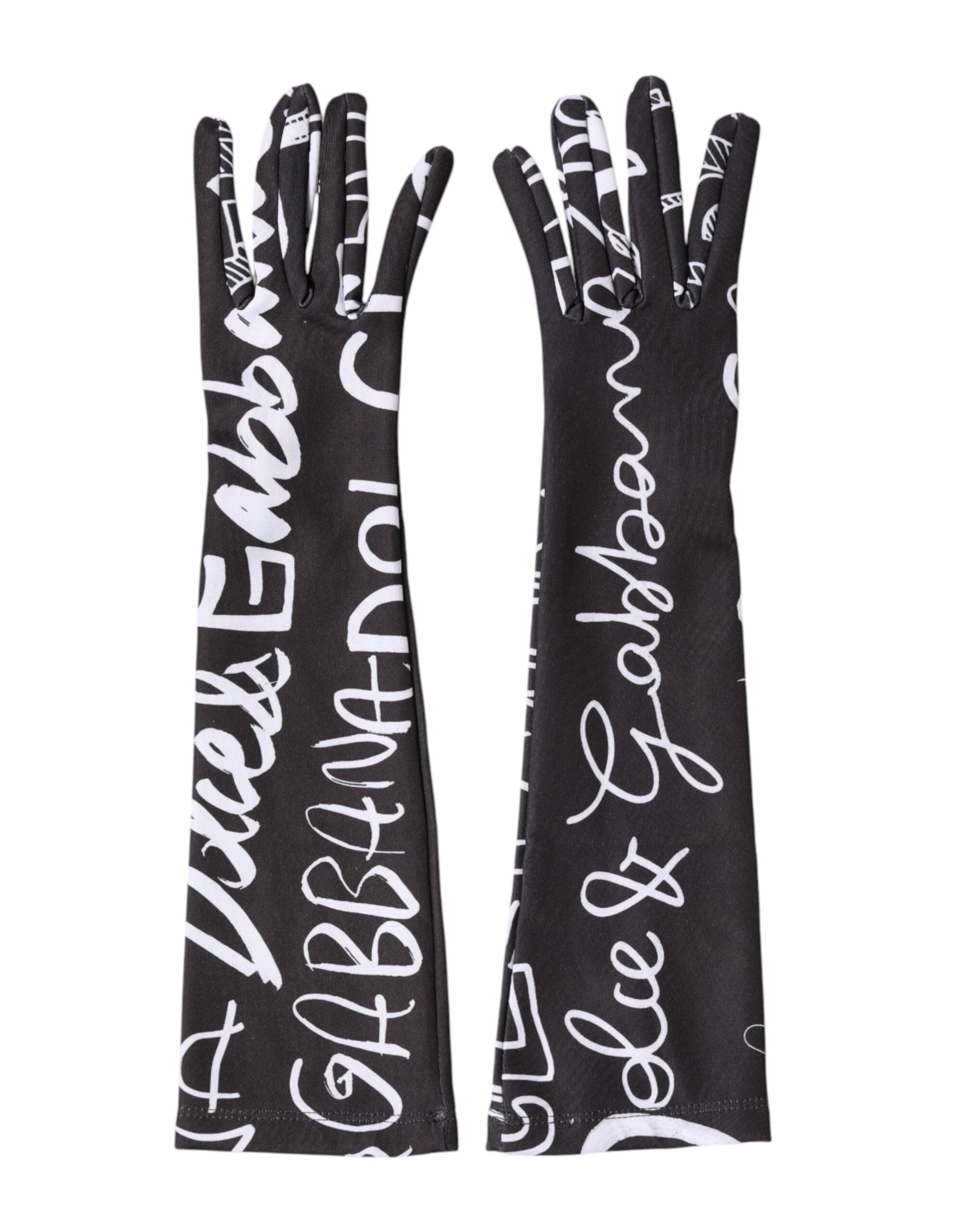 Dolce & Gabbana Schwarze und Weiße DG Logo Ellenbogenlange Fingerhandschuhe