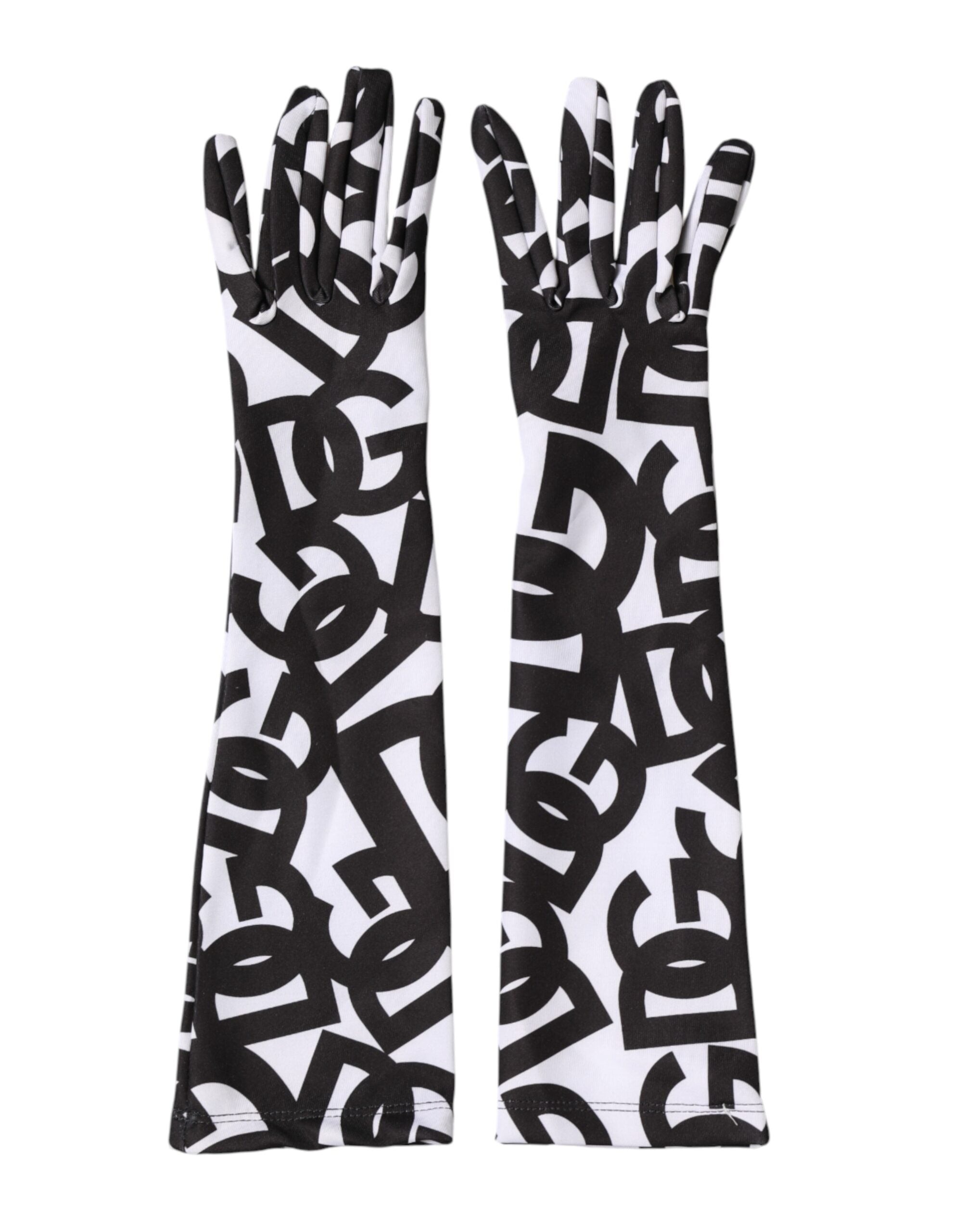 Dolce & Gabbana Schwarze und Weiße DG Logo Ellenbogenlange Fingerhandschuhe