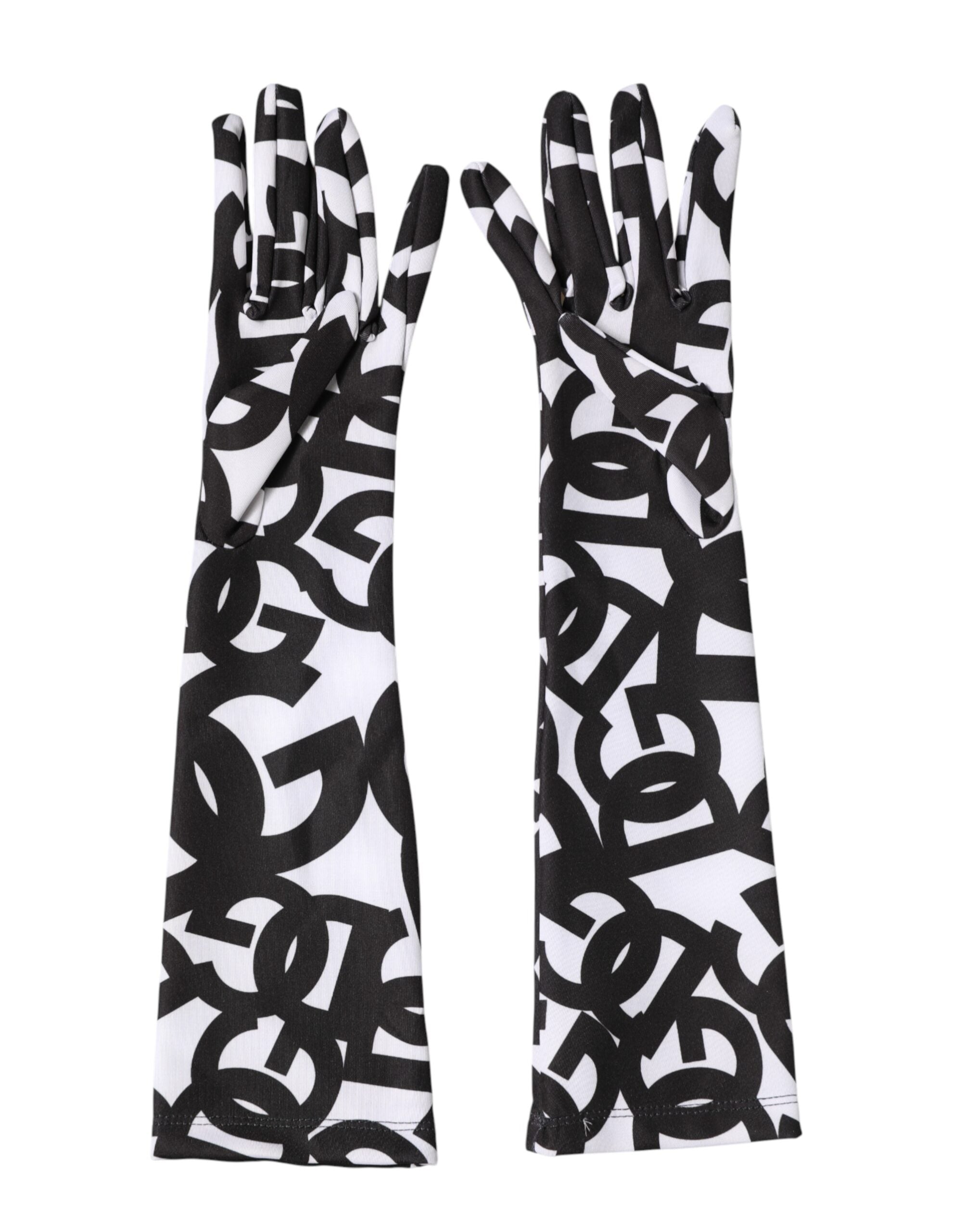 Dolce & Gabbana Schwarze und Weiße DG Logo Ellenbogenlange Fingerhandschuhe