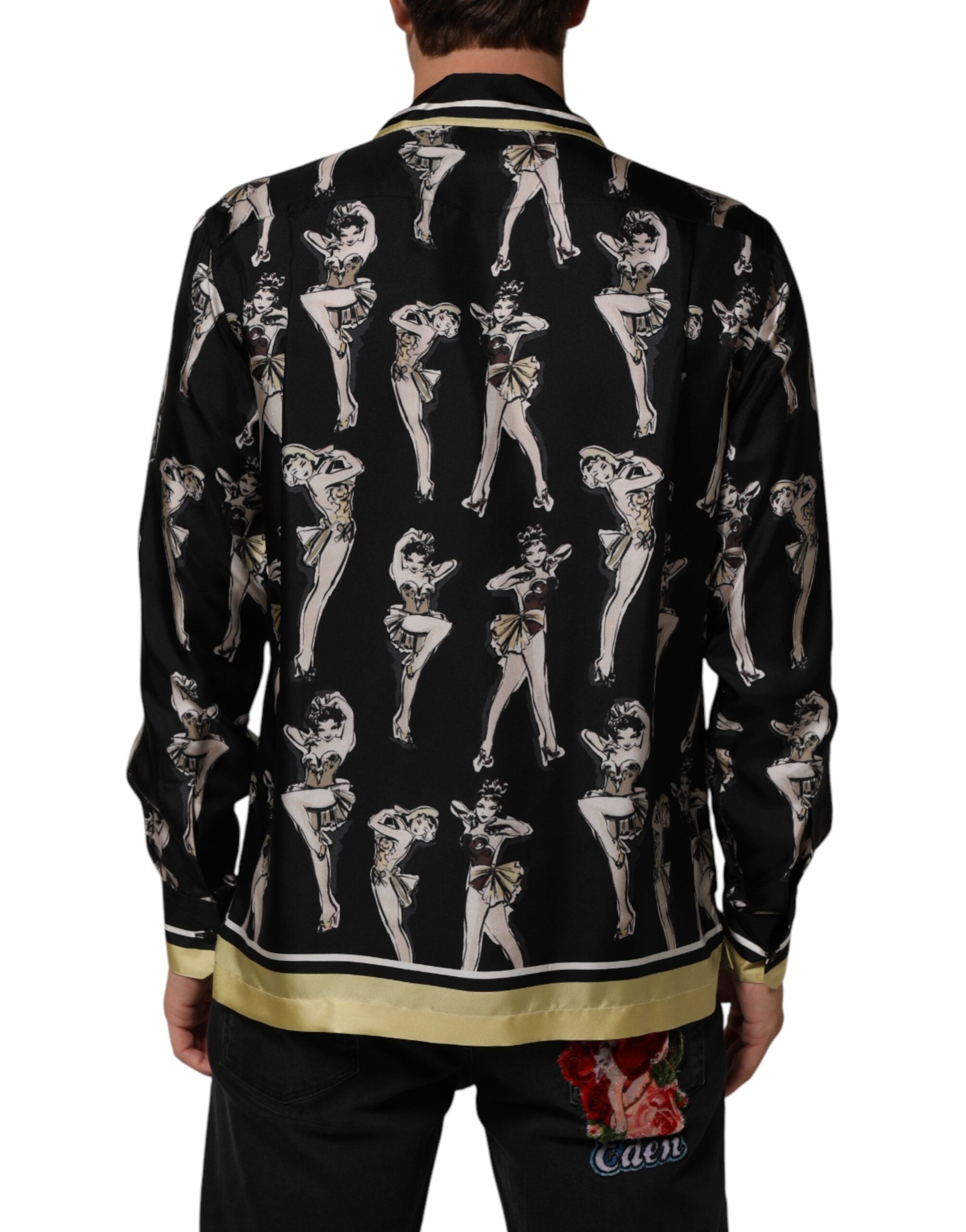 Dolce & Gabbana Schwarzes Seidenhemd mit Pin-Up-Print und Knopfleiste