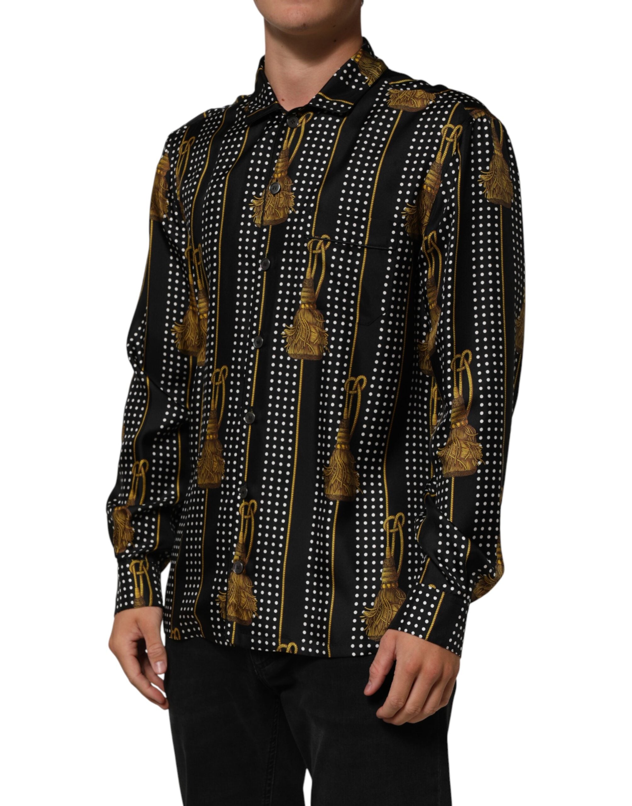 Dolce & Gabbana Schwarzes Seidenhemd mit Tupfen und Quasten