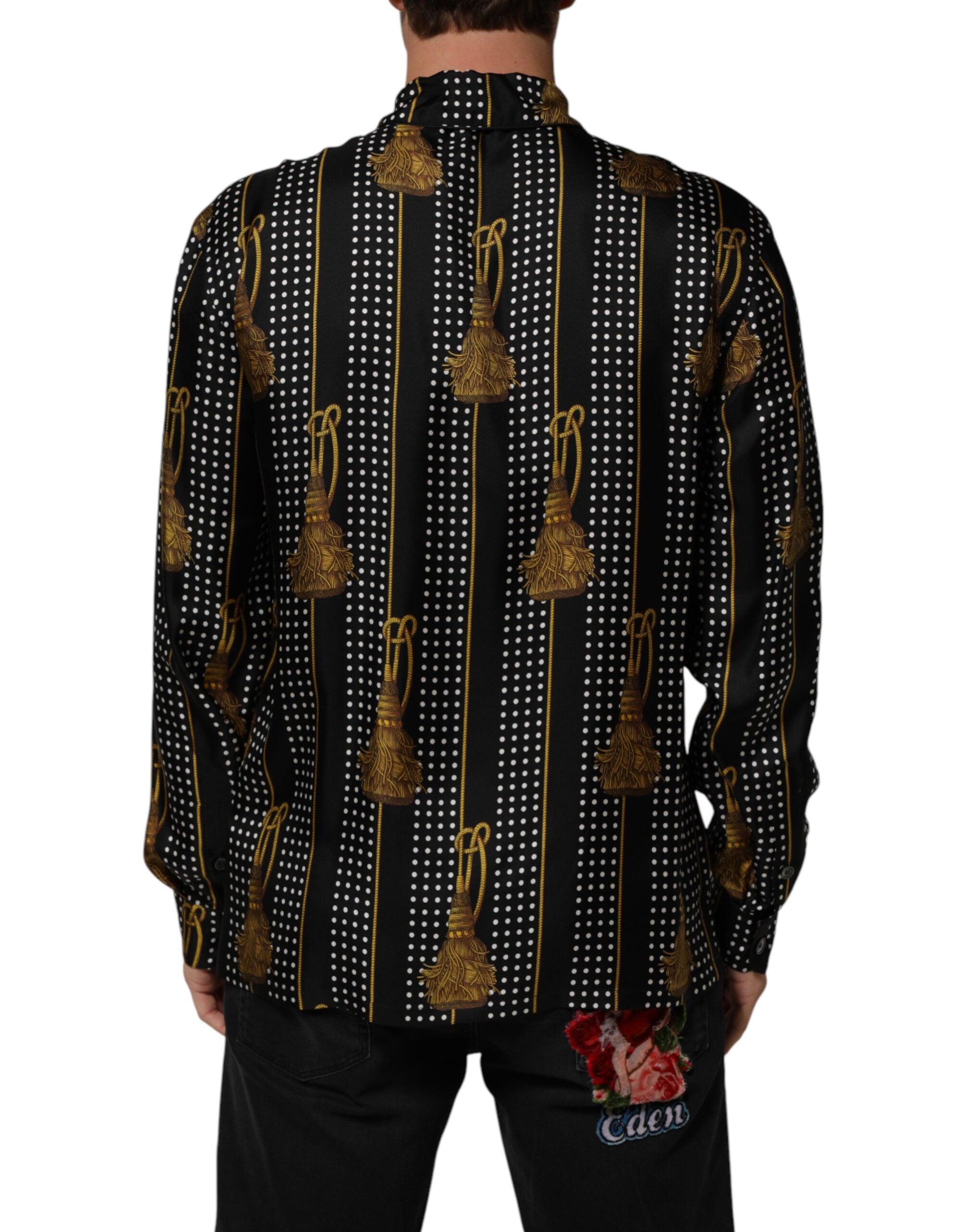 Dolce & Gabbana Schwarzes Seidenhemd mit Tupfen und Quasten