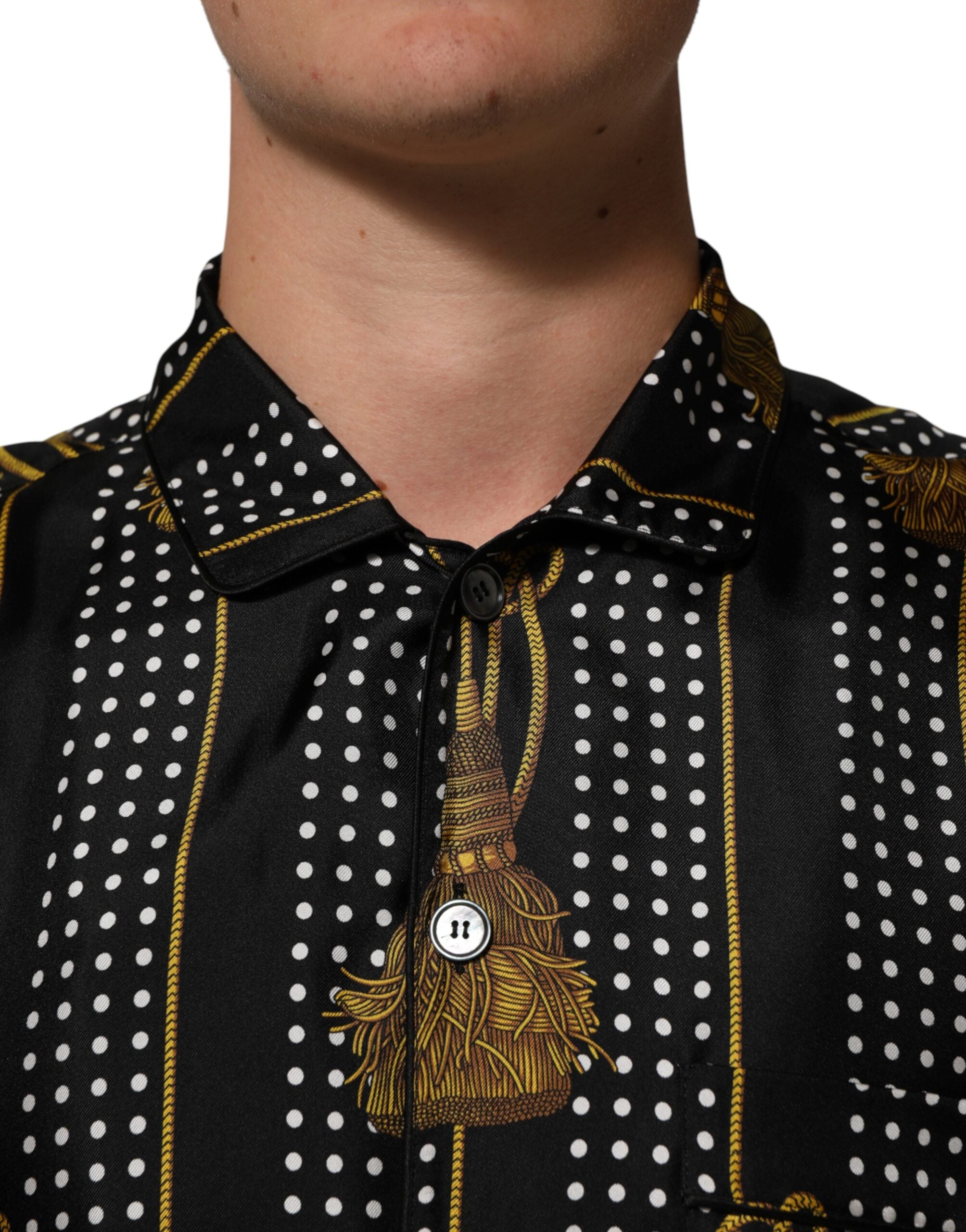 Dolce & Gabbana Schwarzes Seidenhemd mit Tupfen und Quasten