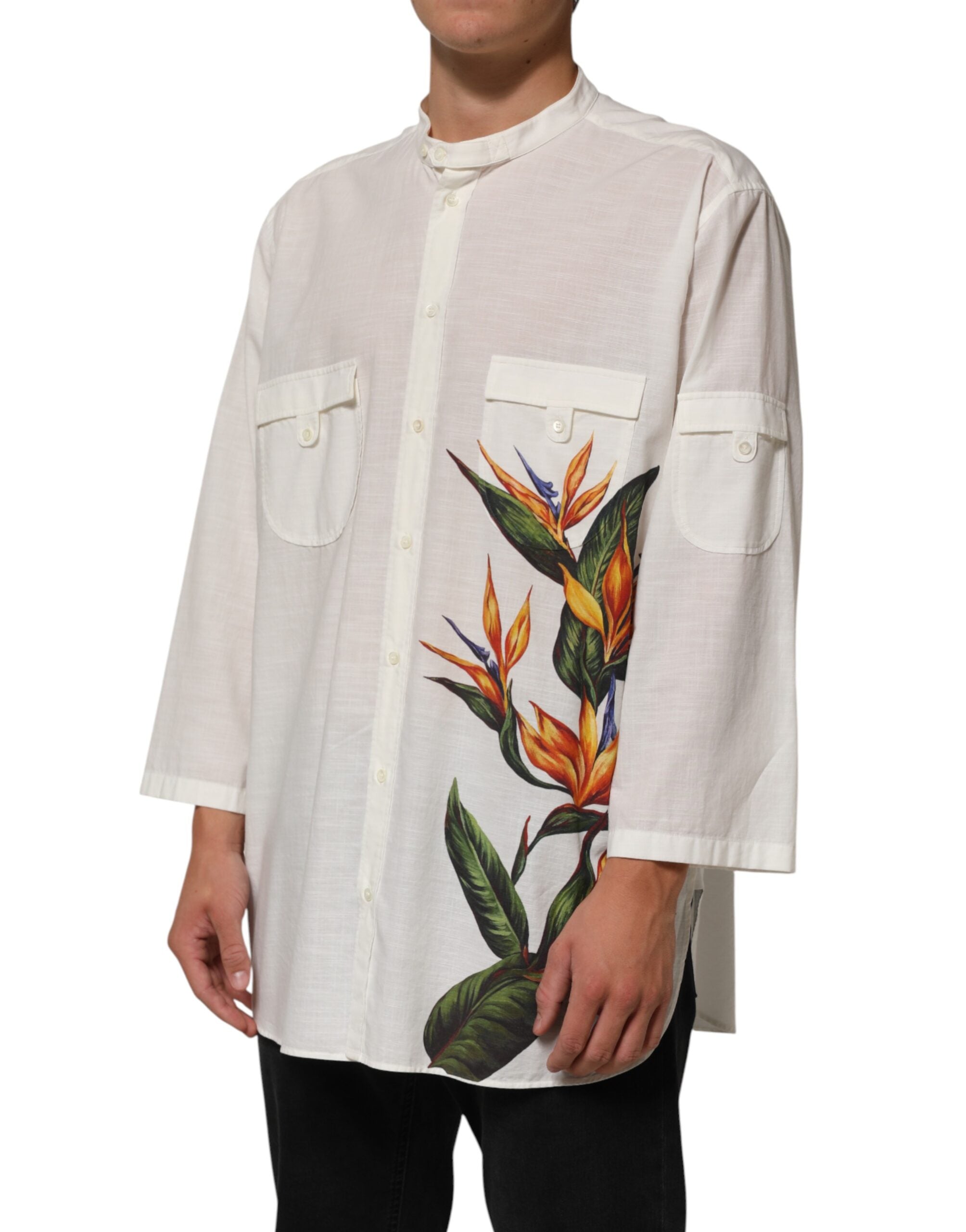 Dolce & Gabbana Weißes Baumwollhemd mit Blumenmuster und Knopfleiste