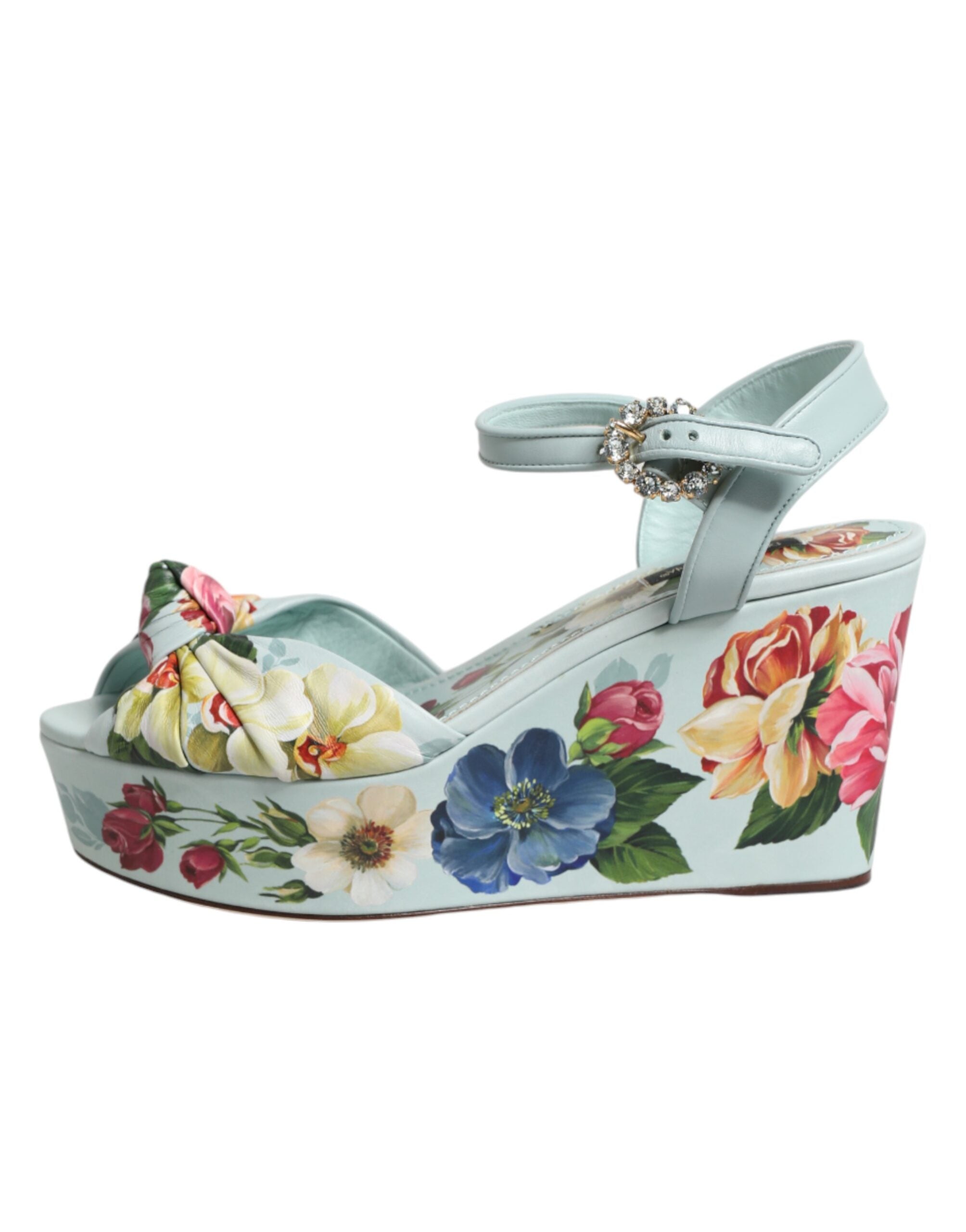 Dolce & Gabbana Grüne Blumen-Sandalen mit Knöchelriemen und Keilabsatz