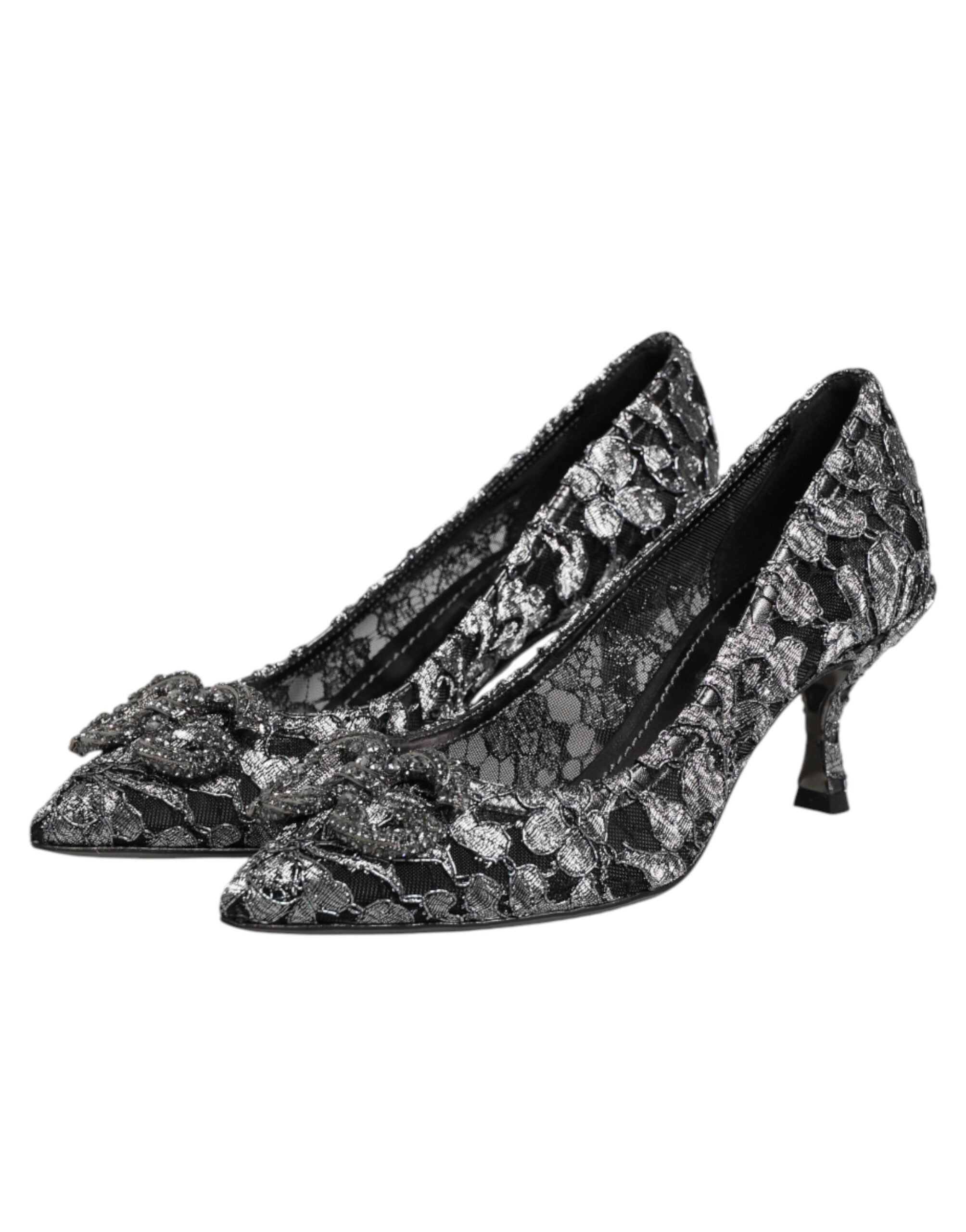 Dolce & Gabbana Silberne Spitzen-Pumps mit DG Amore Absatz
